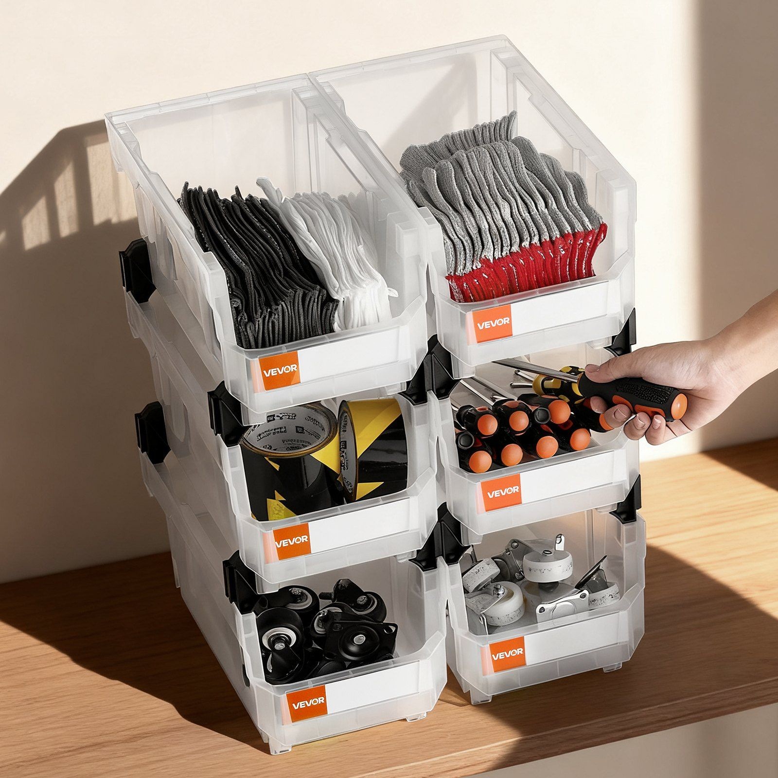 14.8×8.5×7.1in 6-Pack Stackable Transparent Organizer Bin Plastic Storage