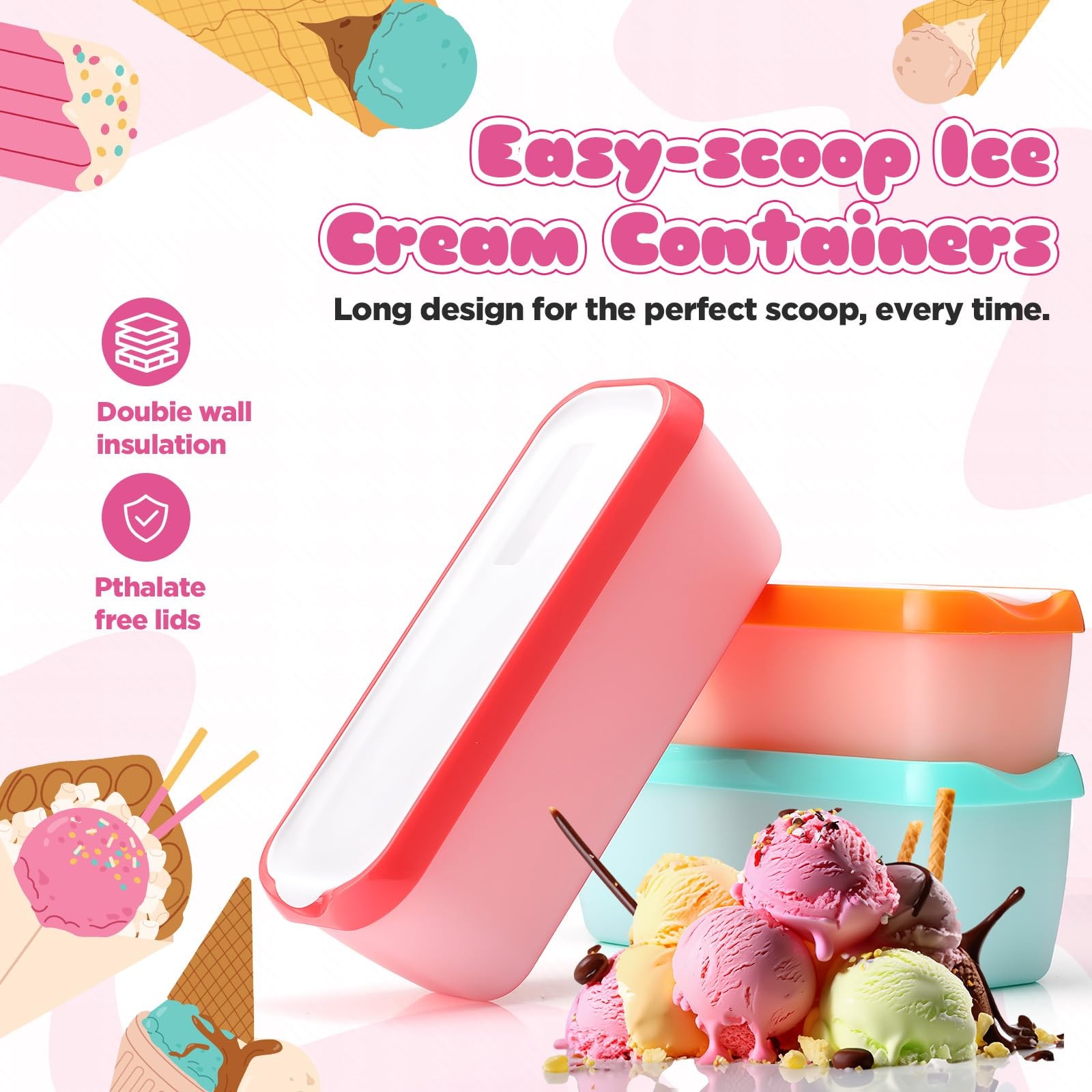 6 PCS Ice Cream Containers Set Silicone Lids 1.6 Quart 8oz Storage Tubs Cup
