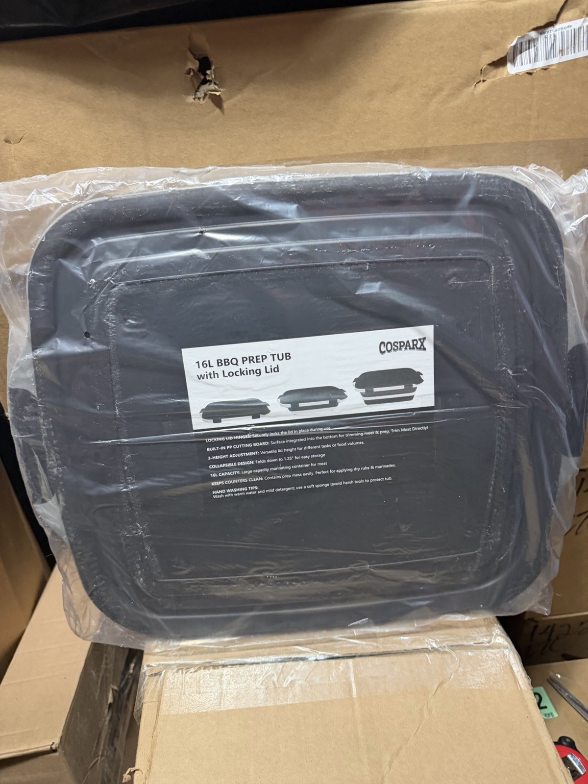 COSPARX 16L BBQ Prep Tub 1-Pack, Locking Lid, Collapsible, Black
