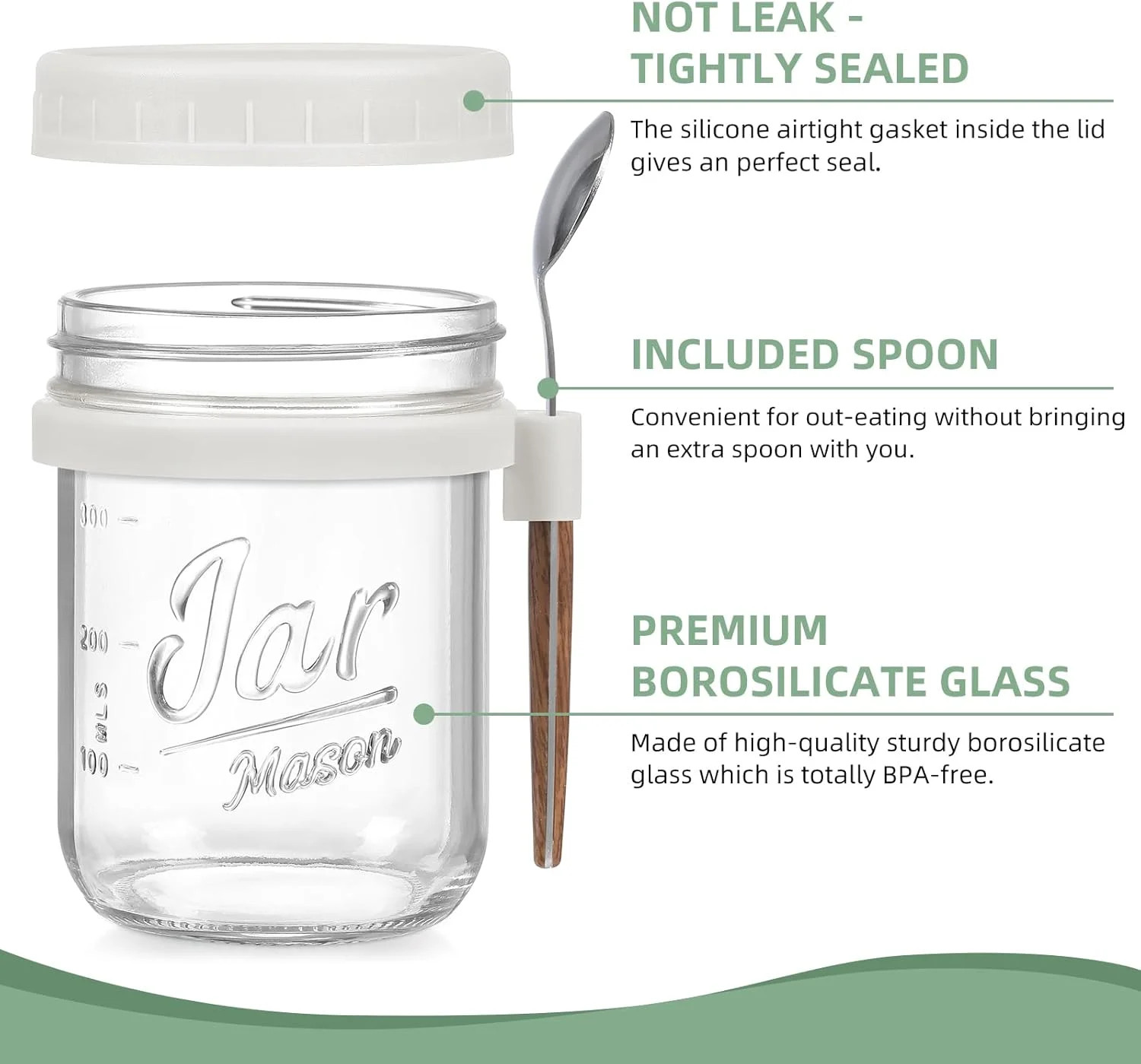 4 Pack Overnight Oats Containers with Lids and Spoons, 16 oz Glass Mason Jars wi