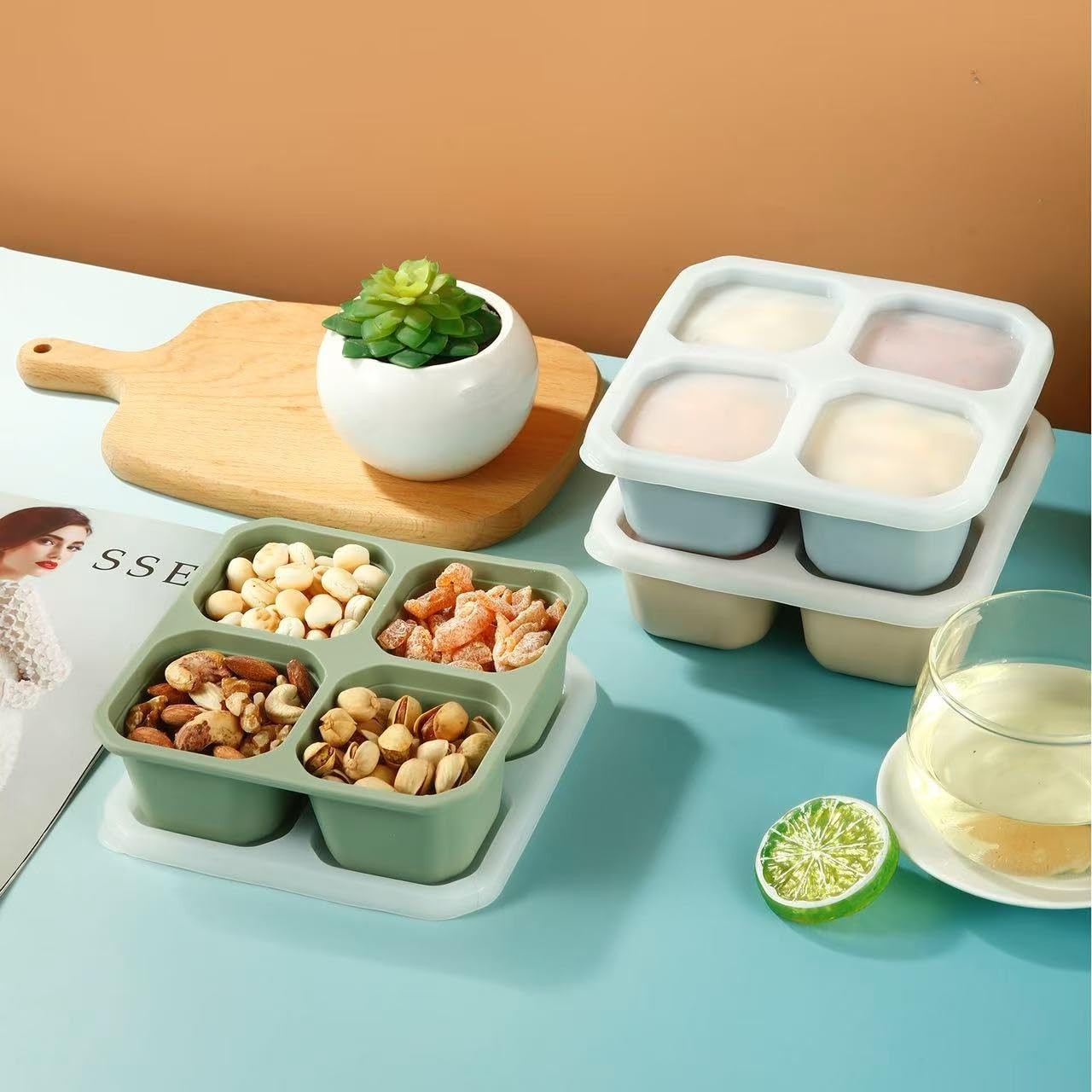 PandaEar 2 Pack Snack Containers, 4 Compartment Silicone Small, Blue&Linen