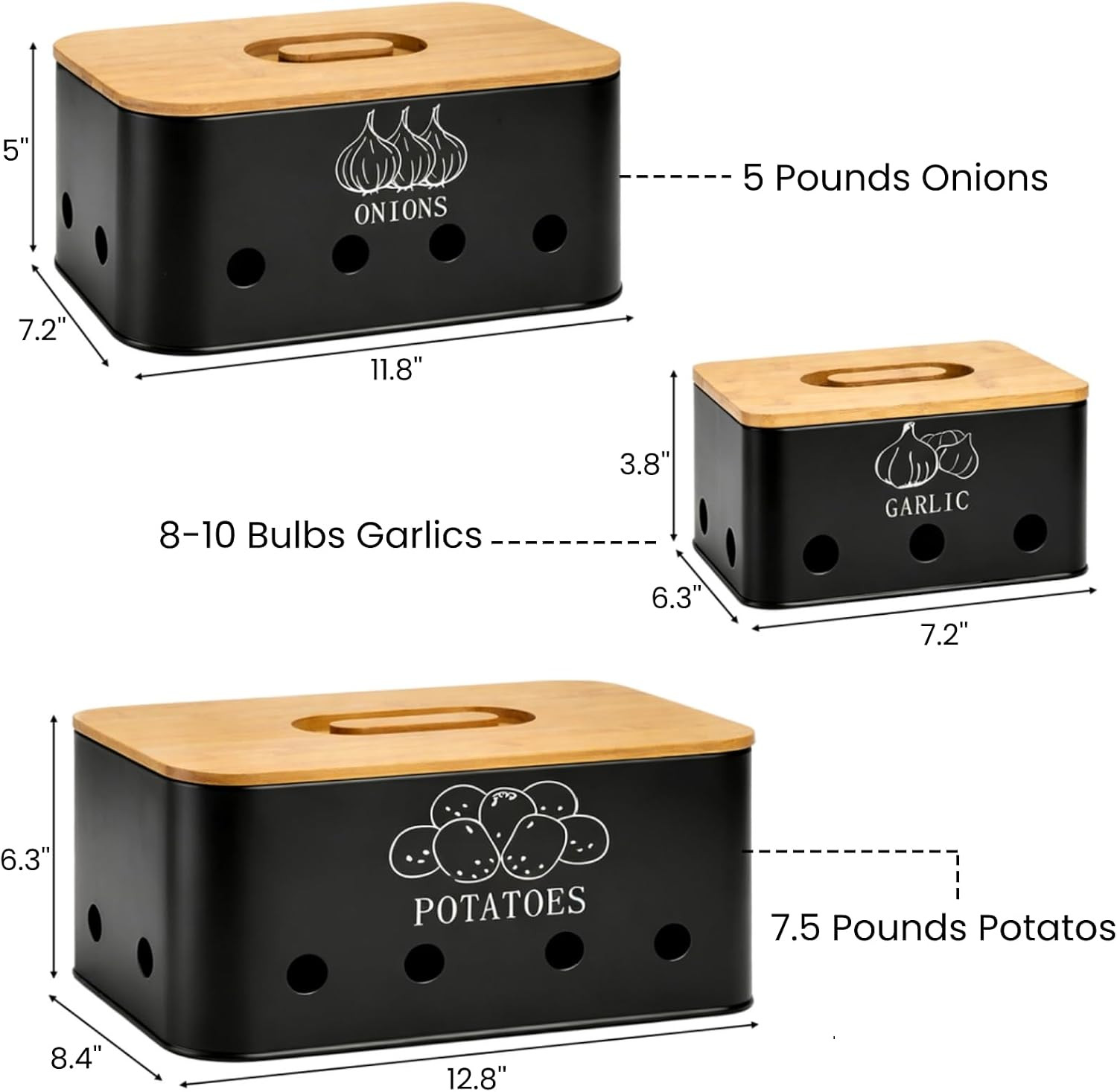 3 Pack Potato Onion Garlic Storage Set, Metal Vegetable Storage Bins with Aerati