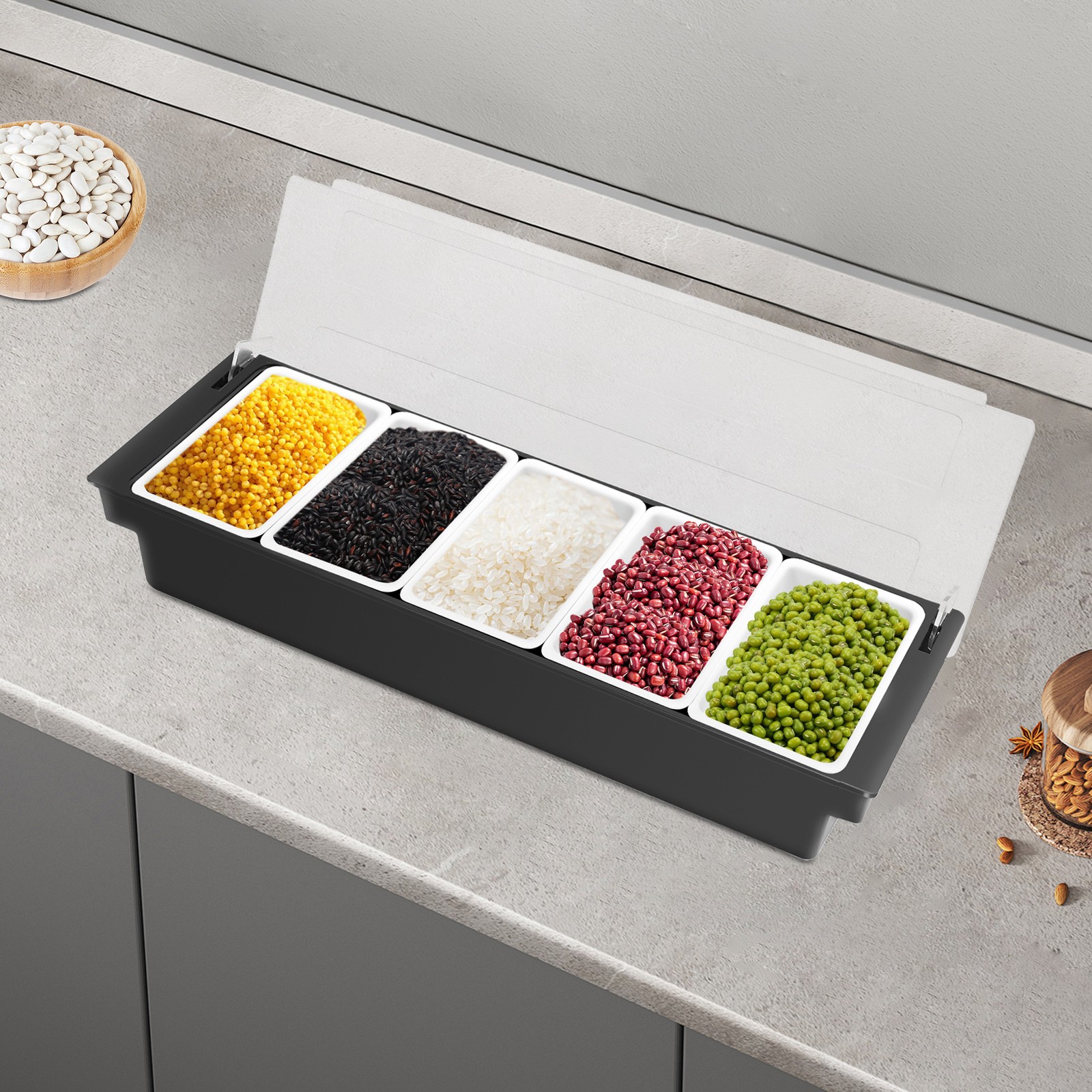 5 Compartments Condiment Dispenser Chilled Server Caddy Food FruitSalad Tray