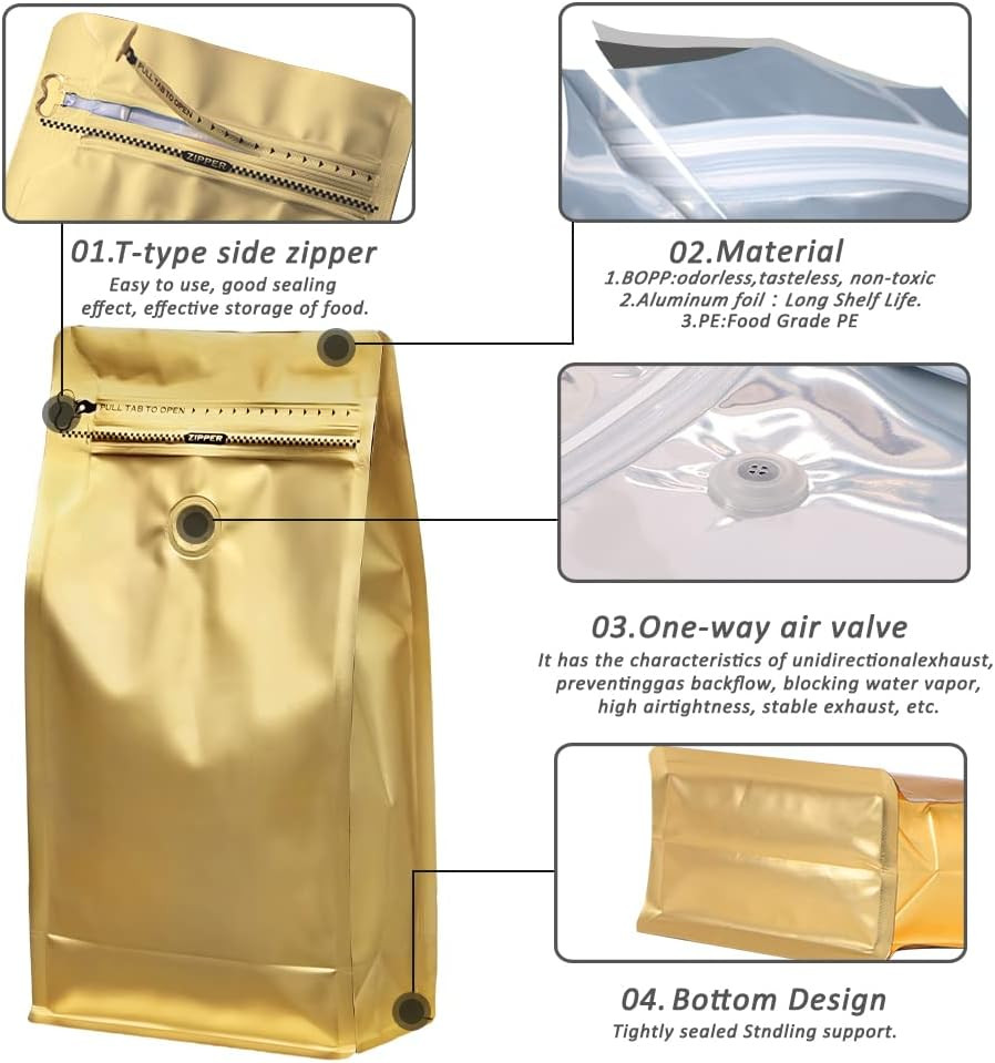 Coffee Bags with Valve(100Pcs,16Oz) Golden High Barrier Aluminumed Foil Flat Bot
