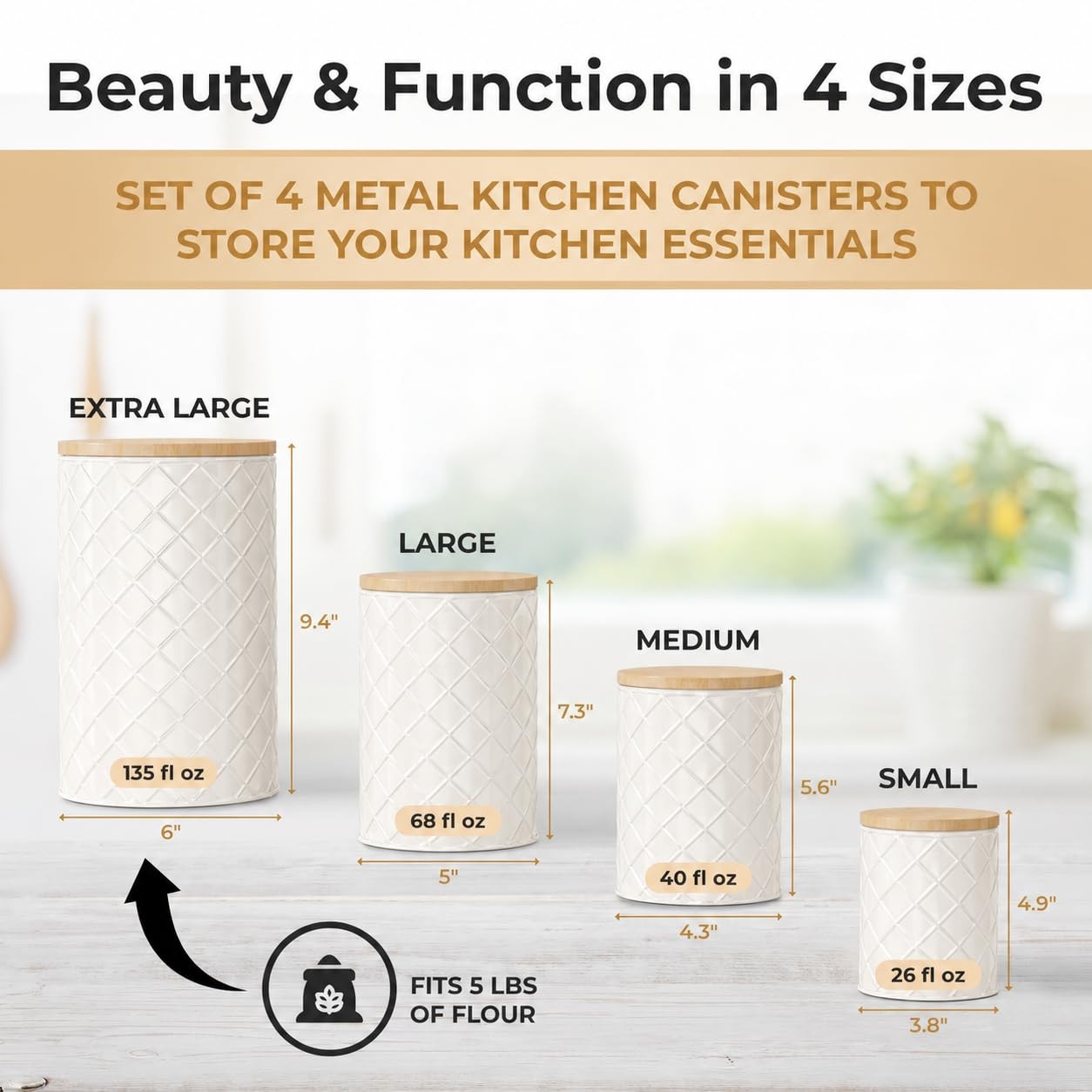 Pebble & Stem® Cream Metal Canister Set for the Kitchen Counter, Food Caniste…