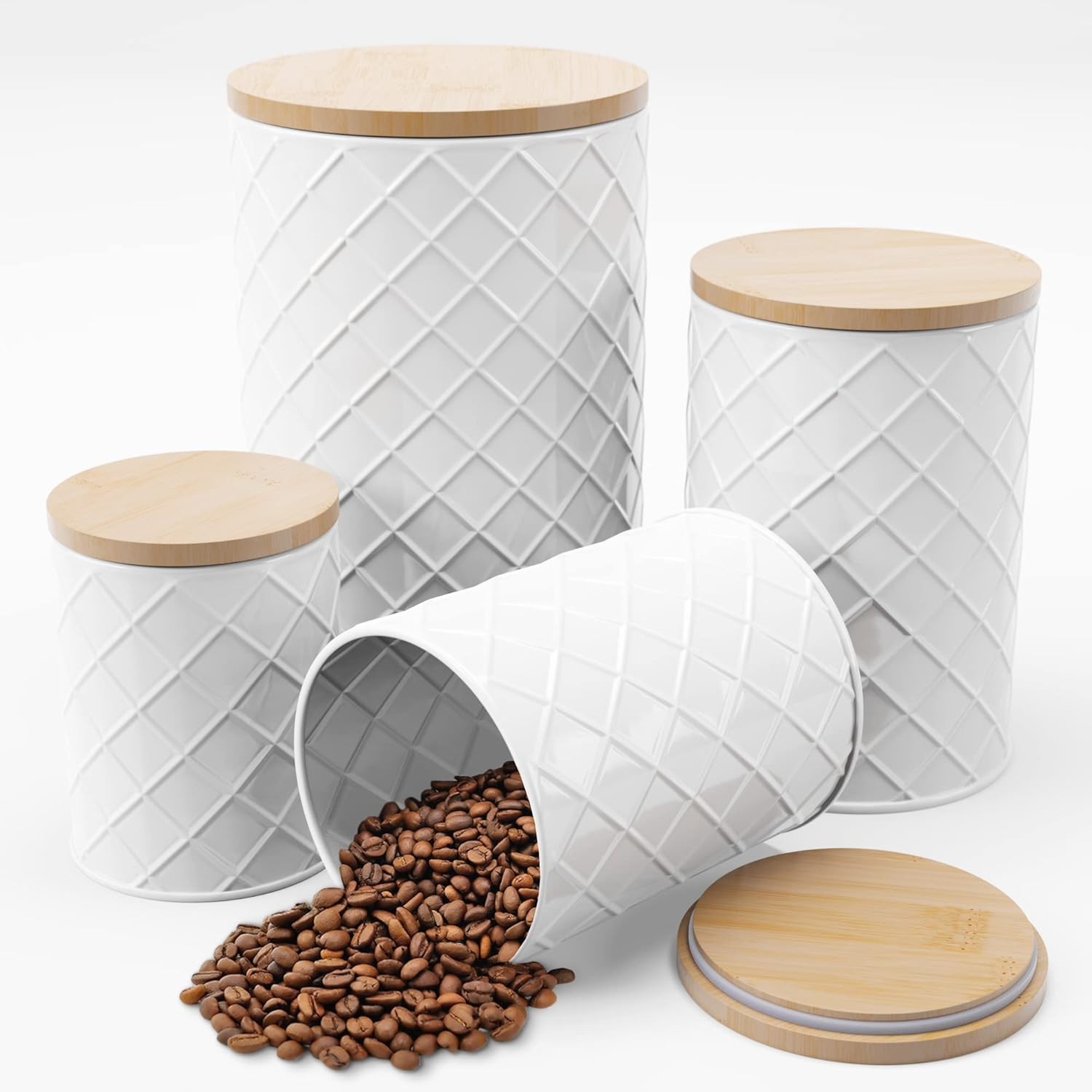 ® White Metal Canister Set for the Kitchen Counter, Food Canister Set of 4,