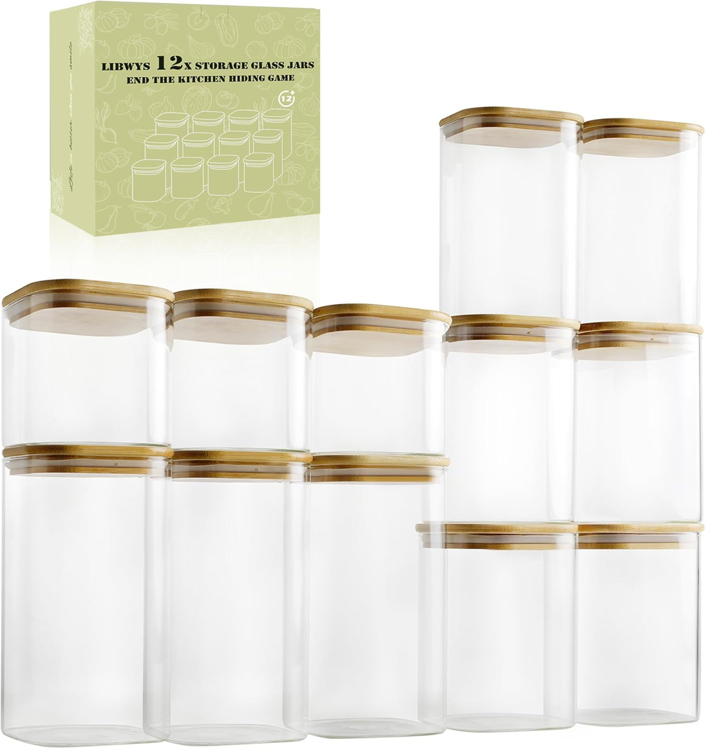 12-Pack Glass Pantry Storage Containers with Bamboo Lids (0.76Qt/1.22Qt/1.67Qt)