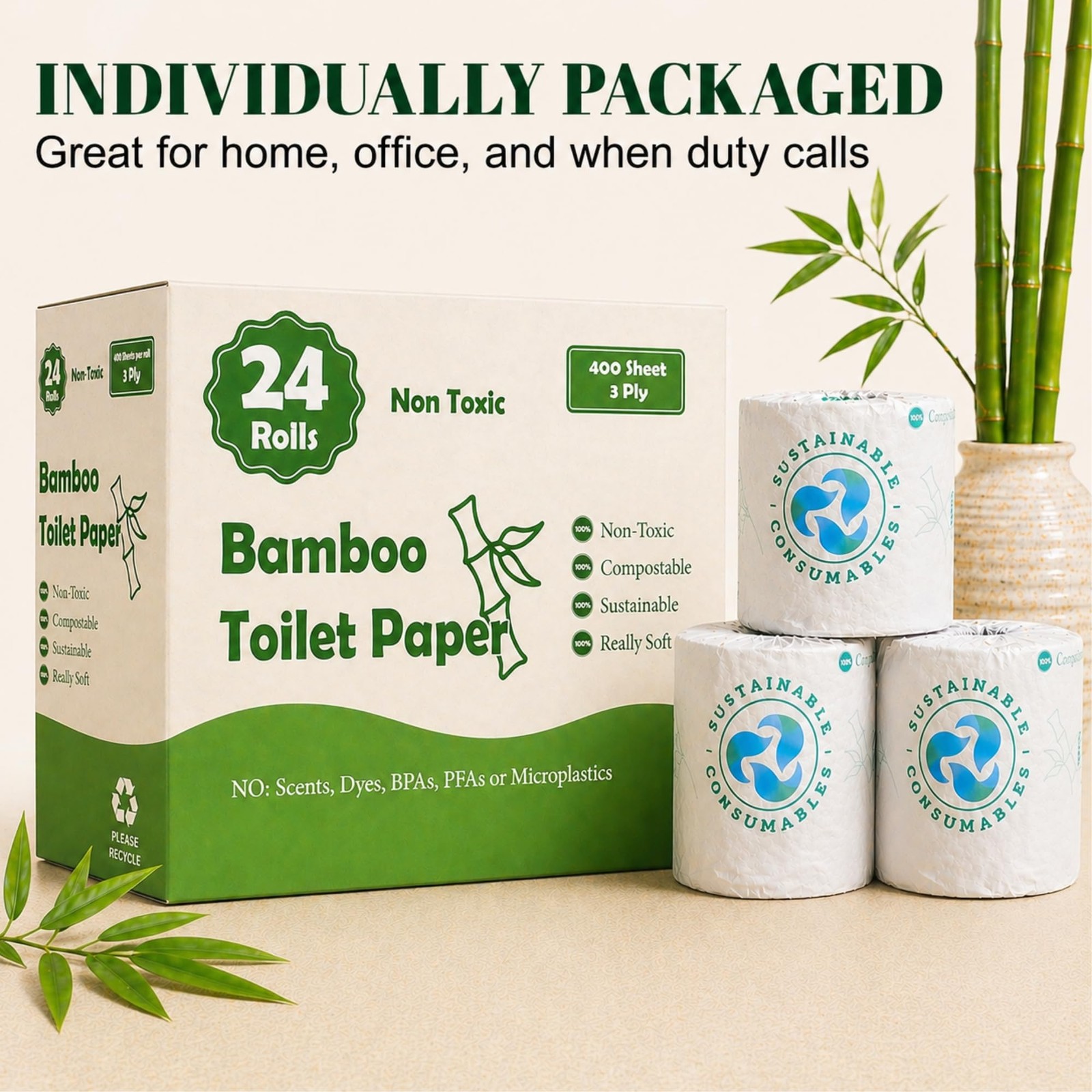 Sustainable Consumables 24 Rolls Healthy Organic Bamboo Toilet Paper 3-Ply 400