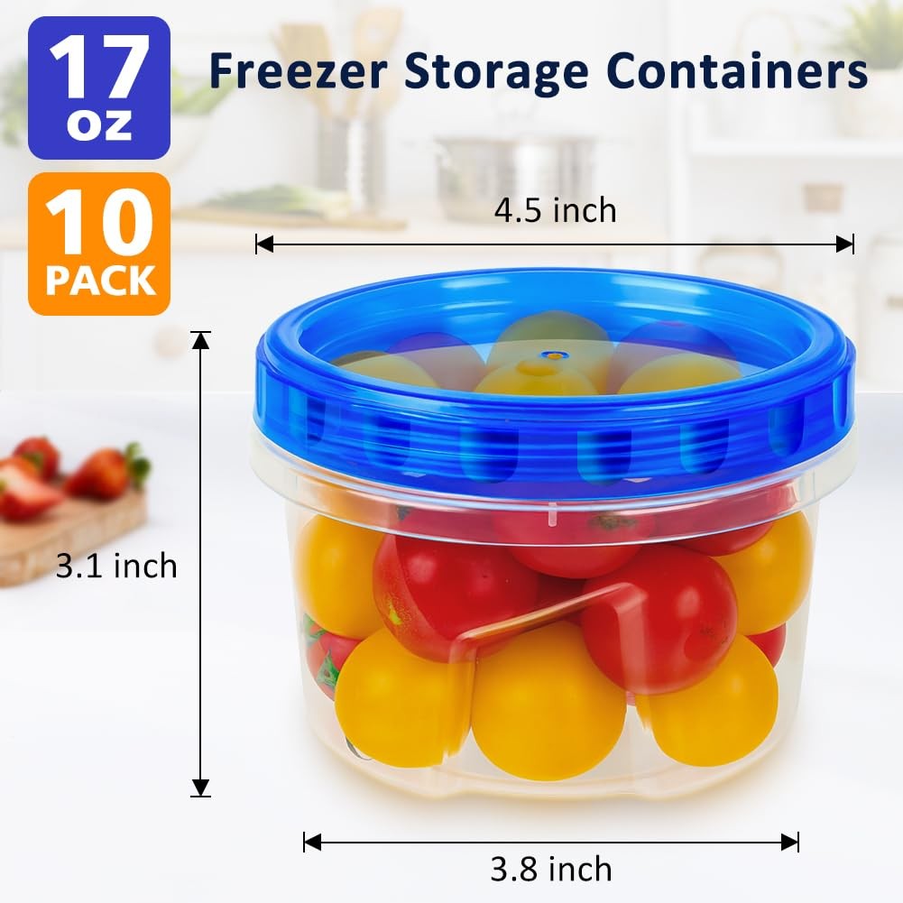 10 Pack 17oz Reusable Freezer Storage Containers with Twist Top Lids Airtight.