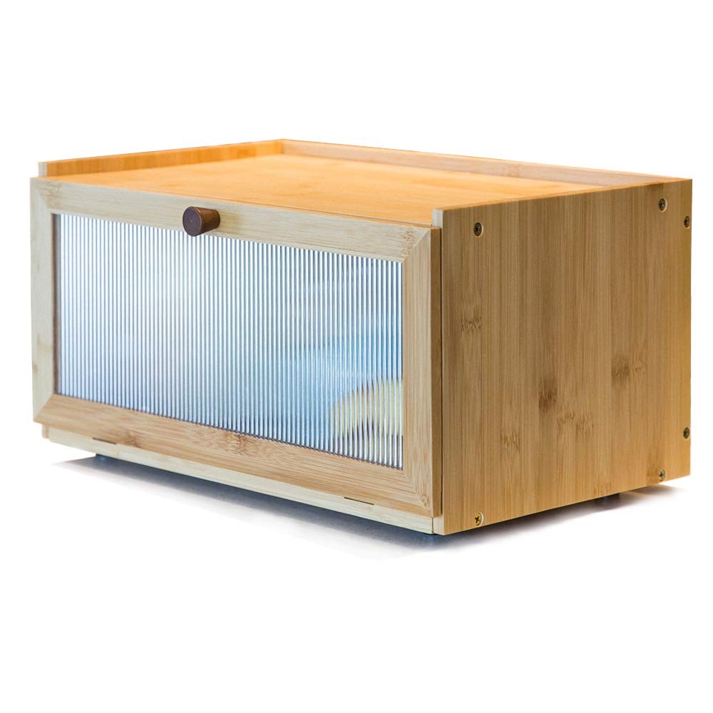 Retro Bamboo Bread Box Clear Door Kitchen Countertop Food Storage Organizer
