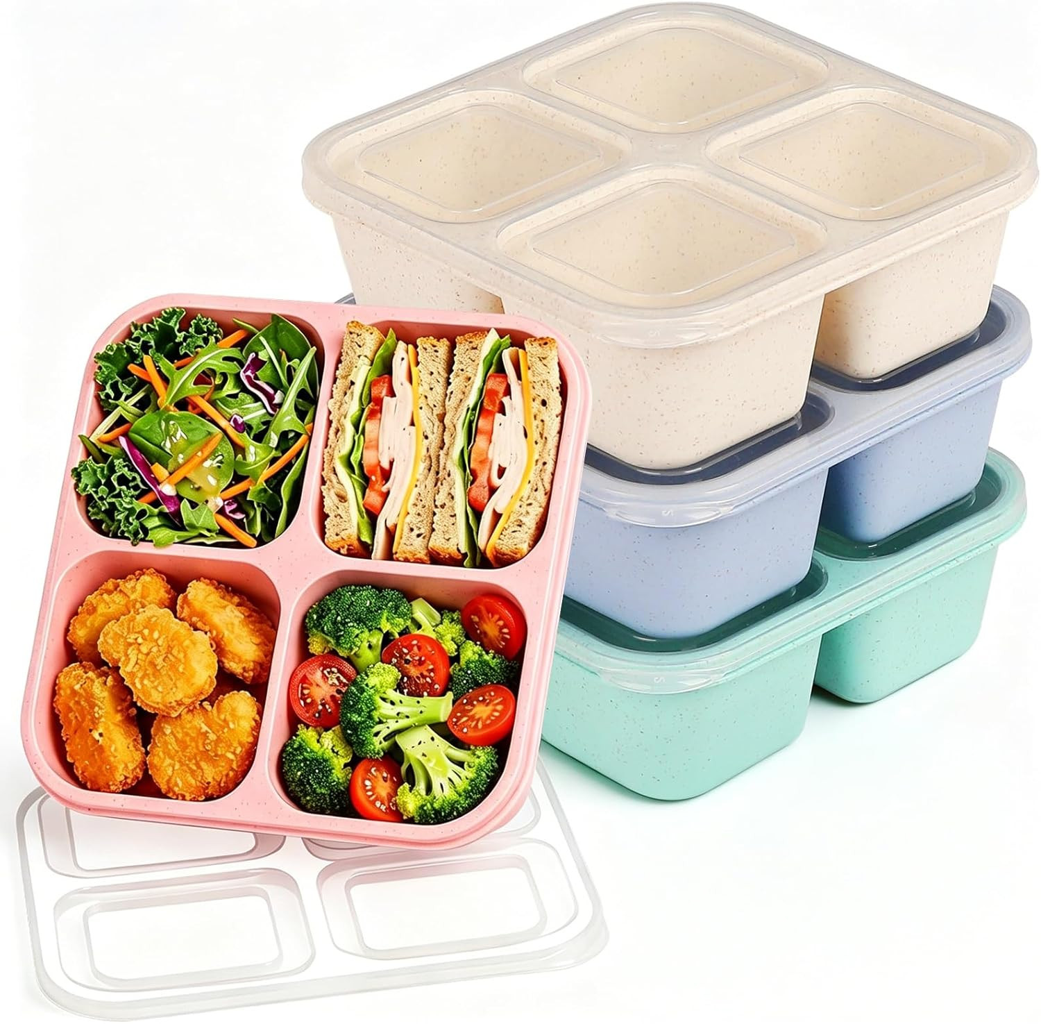 4 Pack Bento Snack Containers Set， 4 Compartment Food Storage Containers ，Whe…