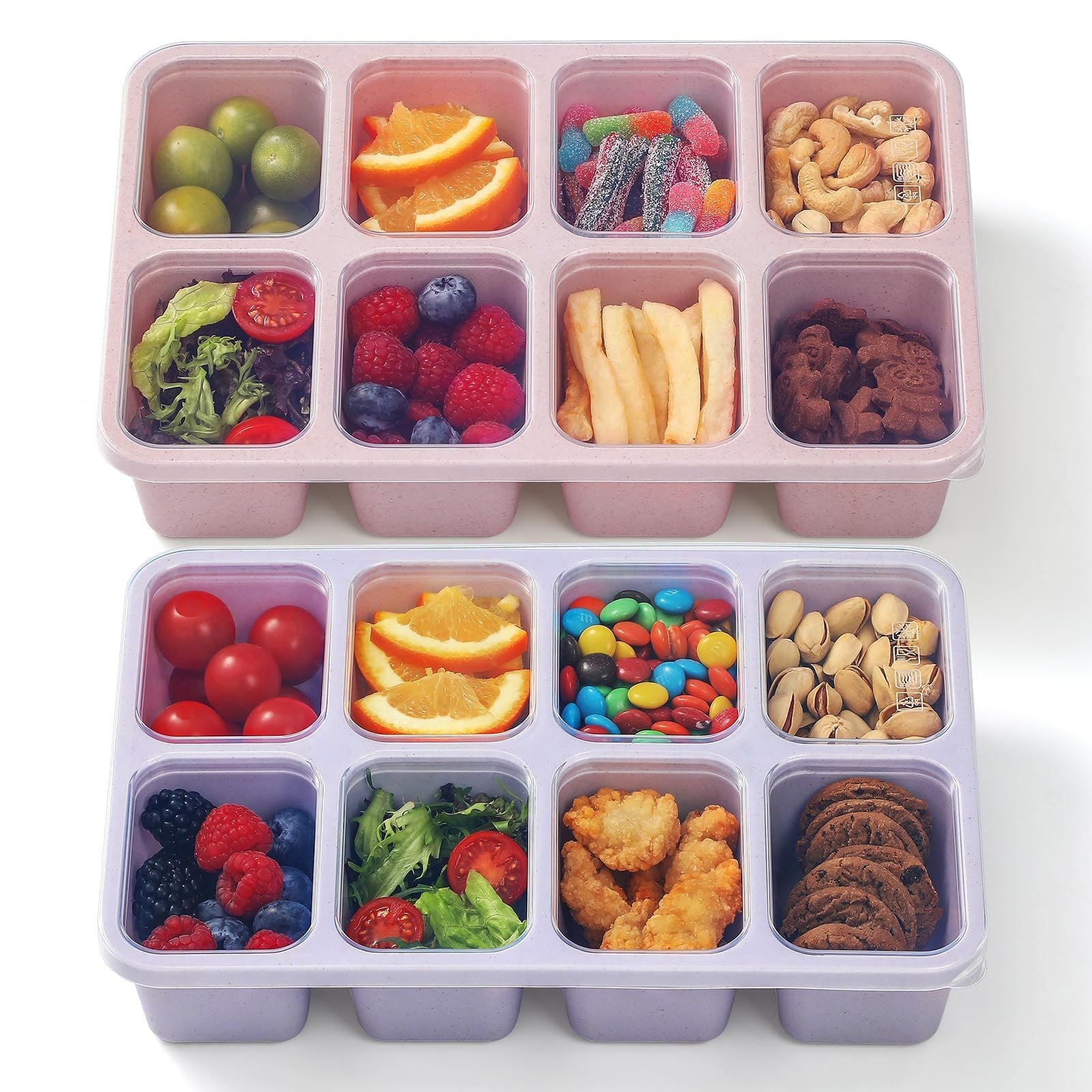 2 Pack Snackle Box Container with Lids, Dishwasher Safe 8 Compartment Divided Sn
