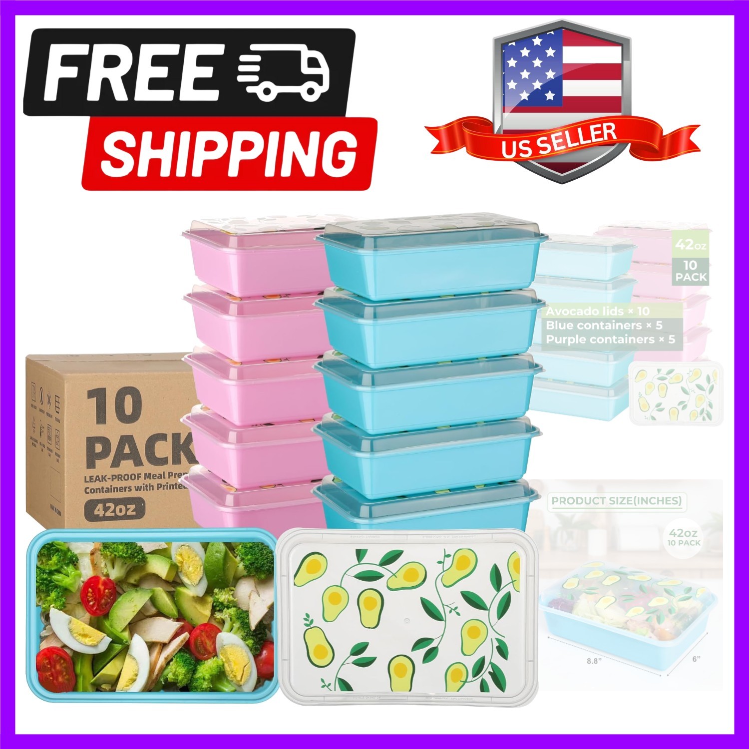 10 Pack 42 oz Meal Prep Containers, Reusable Plastic Food Prep Storage Contai…
