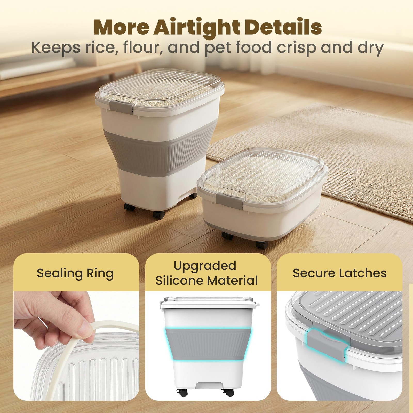 HOYTAMDAR 20-50Lbs Rice Container,Collapsible Food Large, Grey/20-50lbs