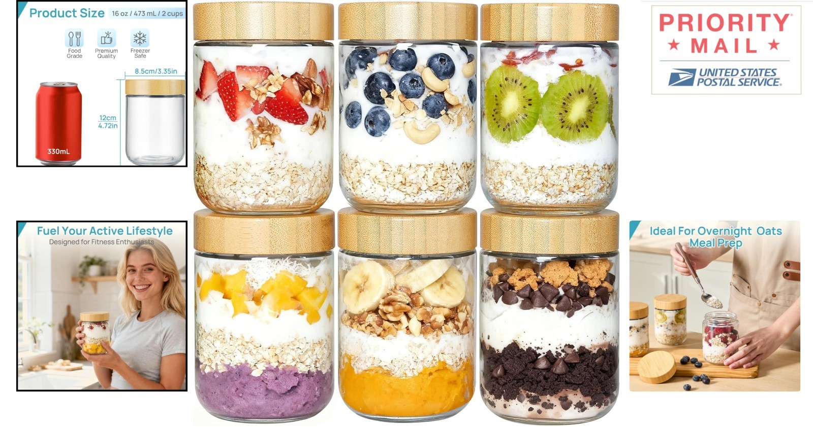 Airtight 6 Pack Glass Jars with Bamboo Lids 500ml Multi-Purpose Food Containers