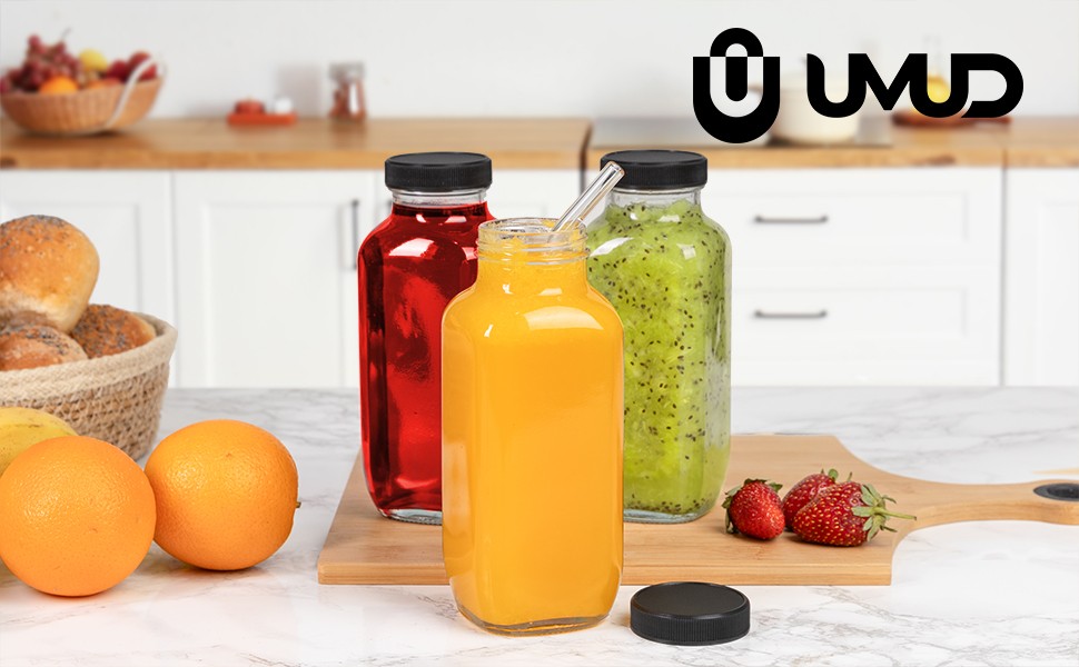 Juice Bottles with Lids, 16 Oz, Set of 3 | Clear Glass Jars with Caps, Reusable