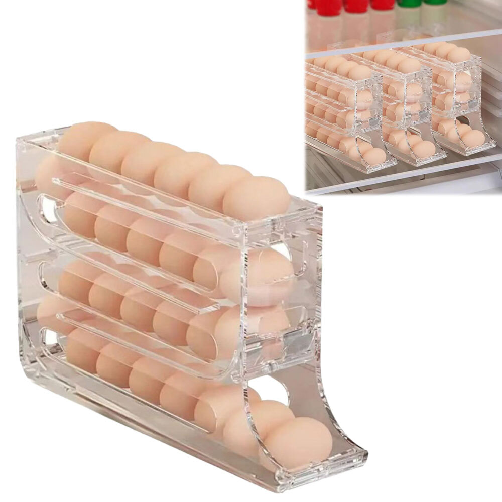 4 Layers Automatic Rolling Egg Holder Rack Fridge Egg Storage Box Container ET