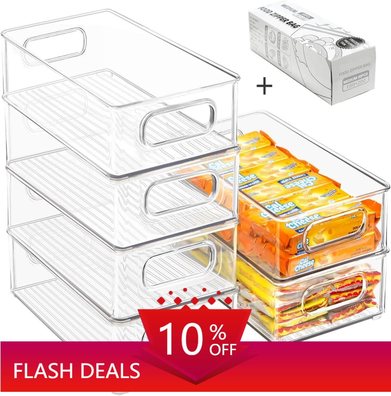 Stackable Refrigerator Organizer Bins, 6 Pack Clear Kitchen Organizer 10″L