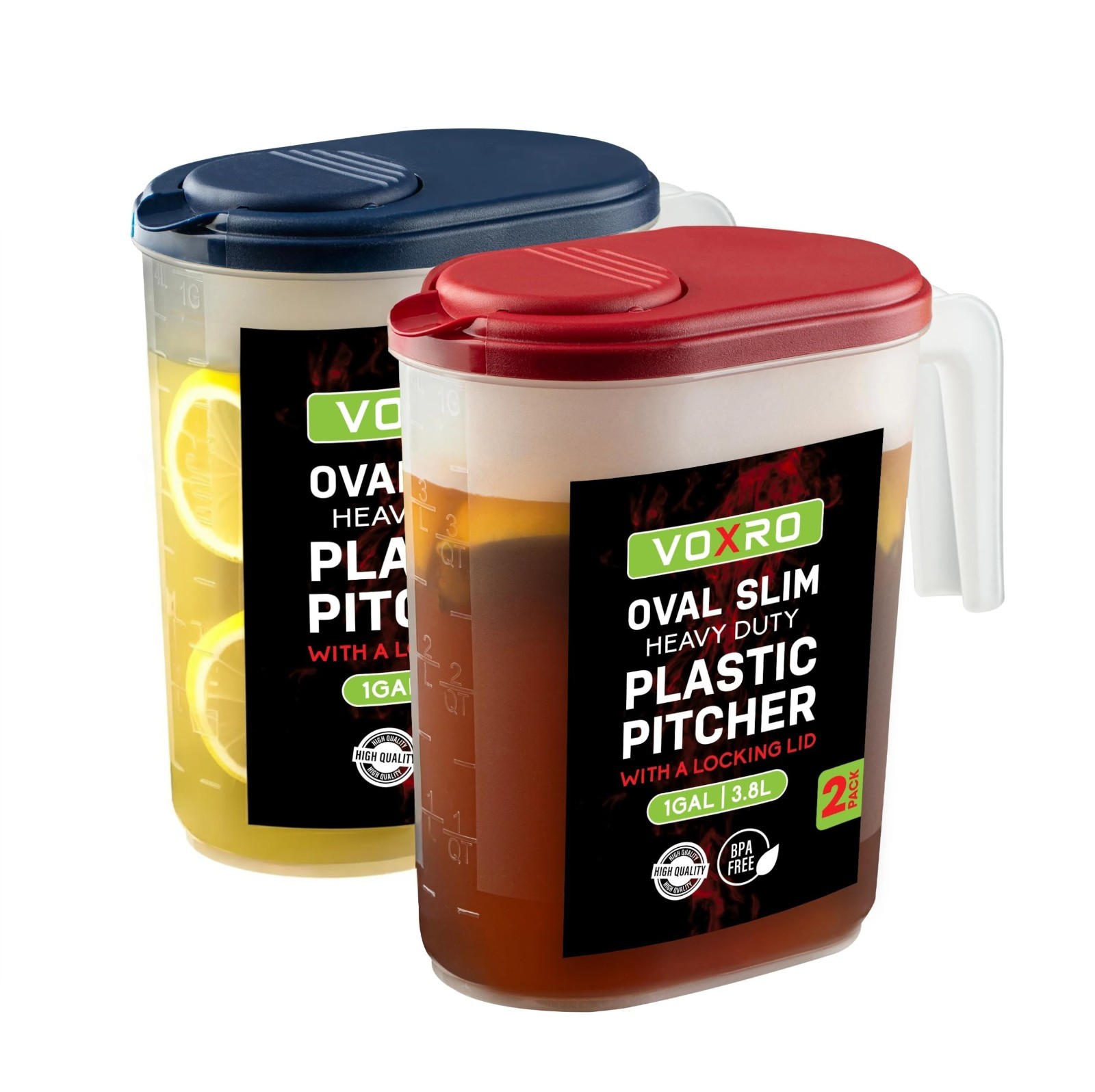 2-Pack 1 Gallon Slim Plastic Pitchers with Lids – Flip-Top Spout, BPA Free, Idea