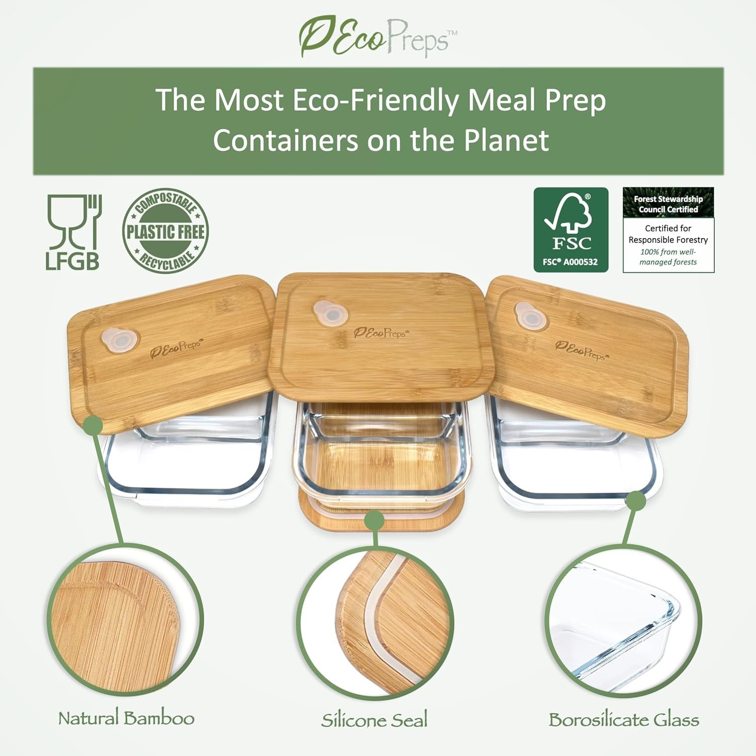 Glass Meal Prep Containers with Bamboo Lids, 2 Compartment Glass Bento Box Co…