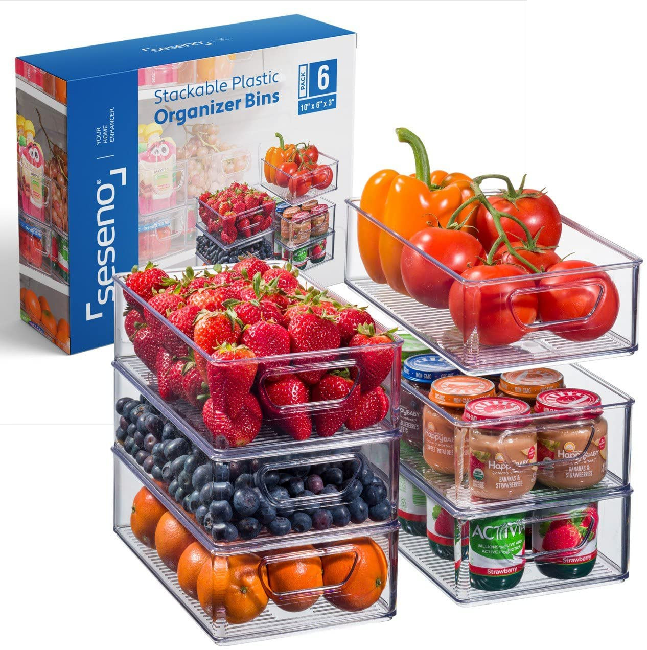 Set of 6 Refrigerator Organizer Bins – Stackable Fridge Organizers with Cutout H