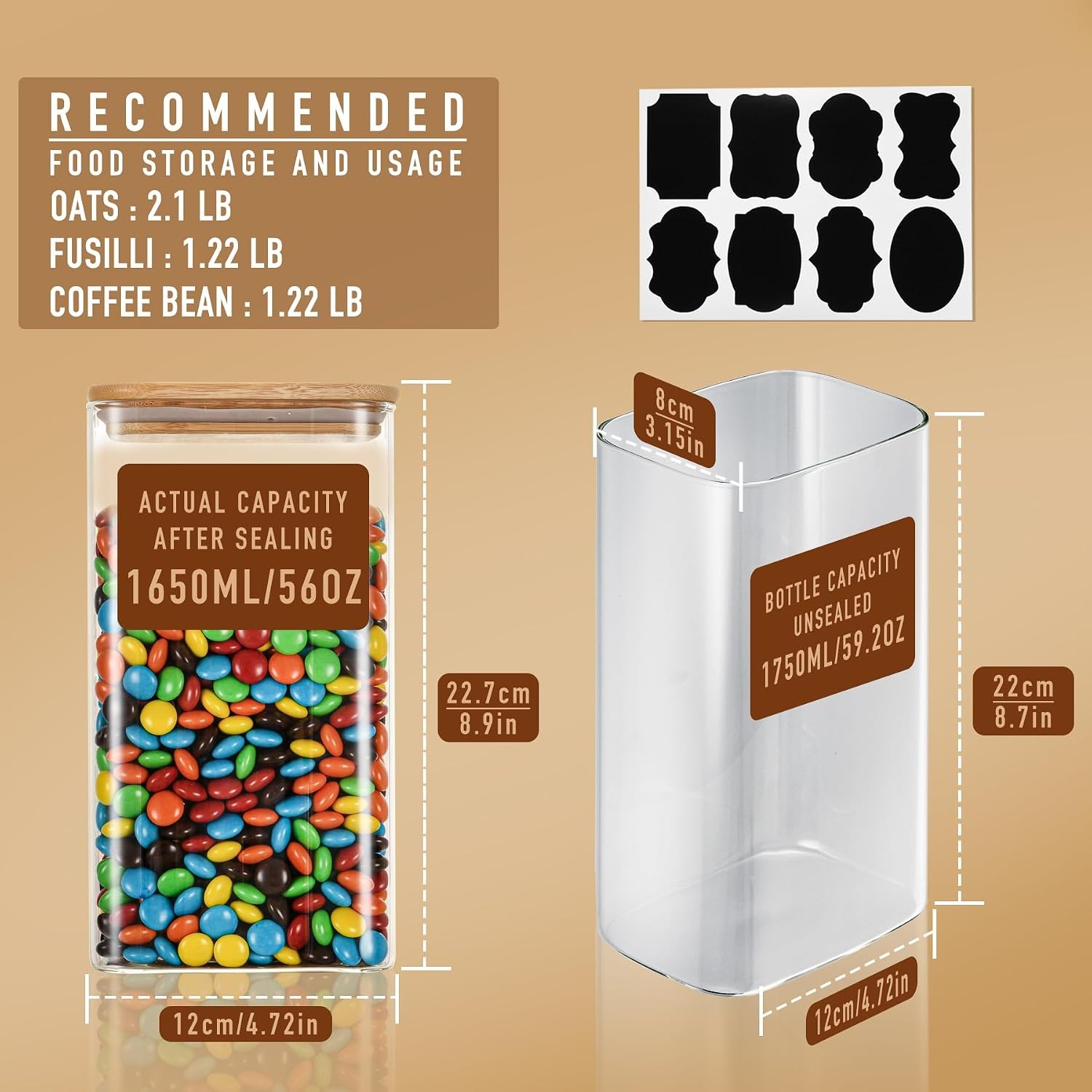 56oz Rectangle Airtight Glass Storage Containers W/ Bamboo Lids Set of 3 Square