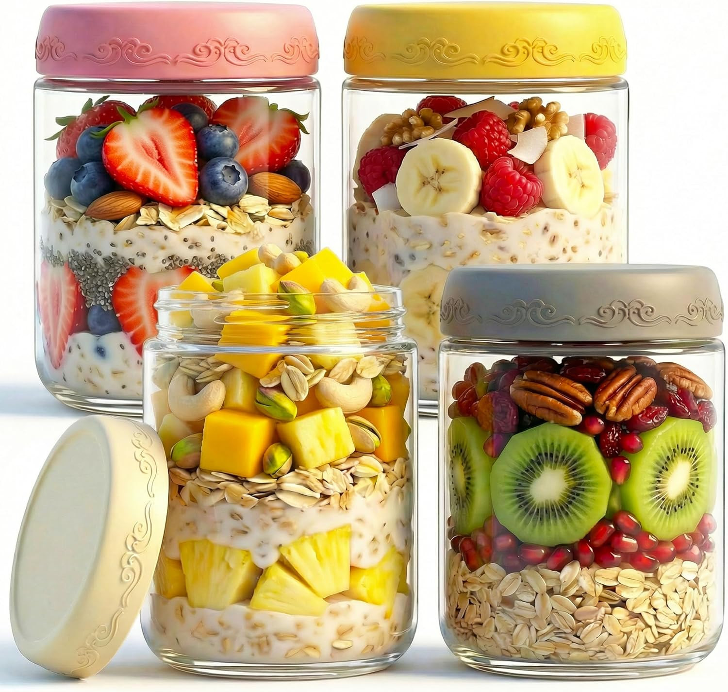 16 OZ 4Pack, Overnight Oats Jars with Lids, Glass Meal Prep Containers, Airtight