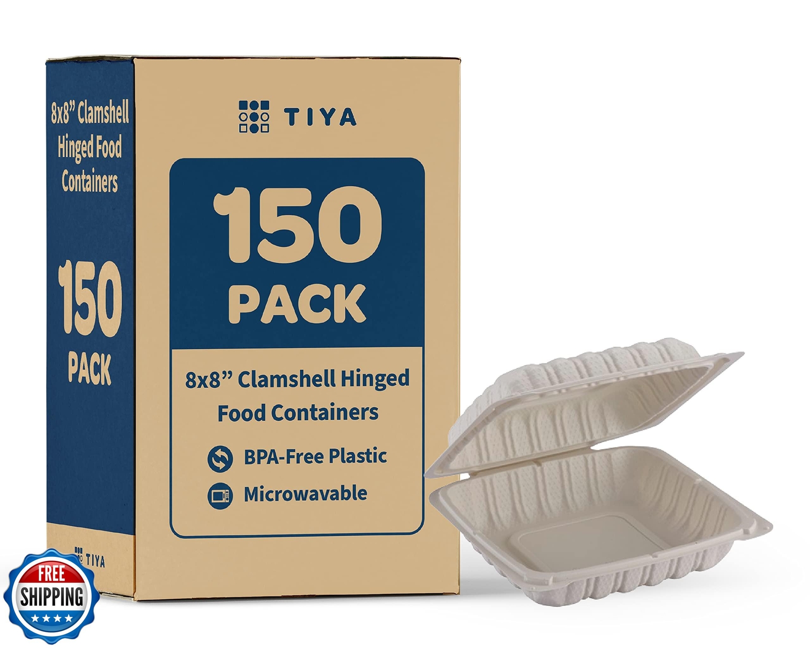 TIYA Clamshell Food Containers – White Bulk 150 Pack, 8×8 in – BPA-Free Plast