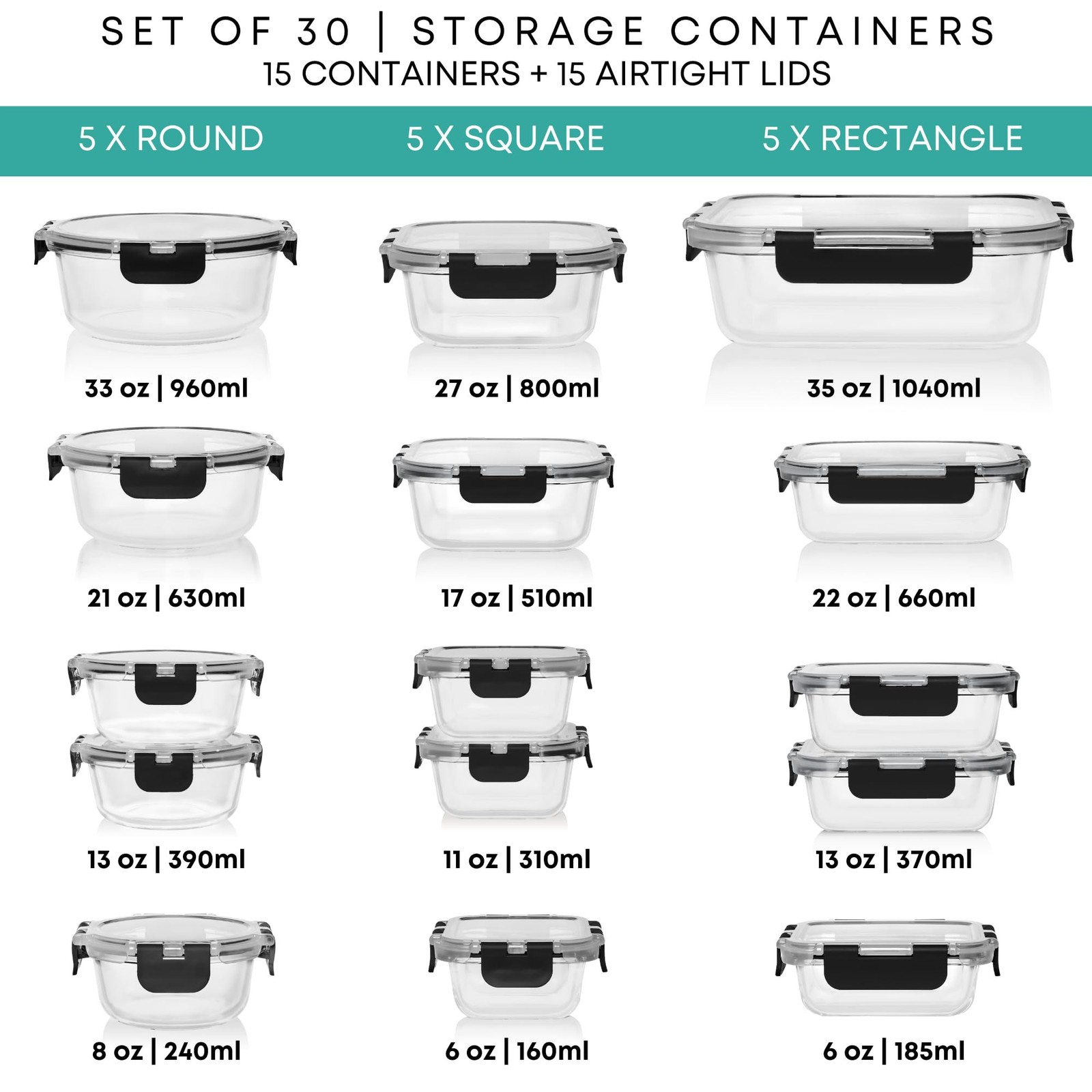 Razab 30-Piece Glass Meal Prep Containers w/ Snap Lock Lids – BPA-Free, Leakp…