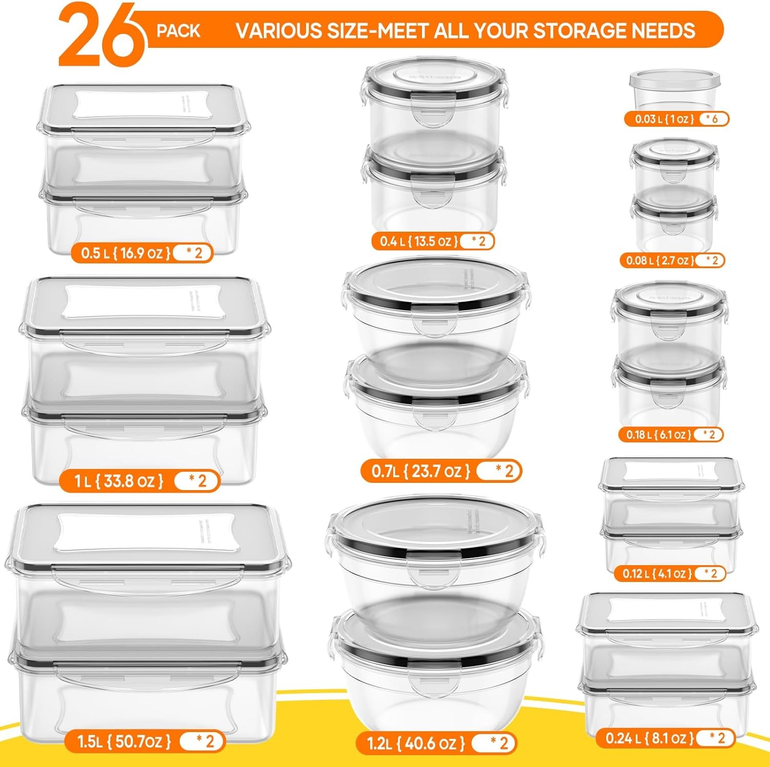 52 PCS Food Storage Containers with Lids Airtight (26 Lids & 26 Containers)- Reu
