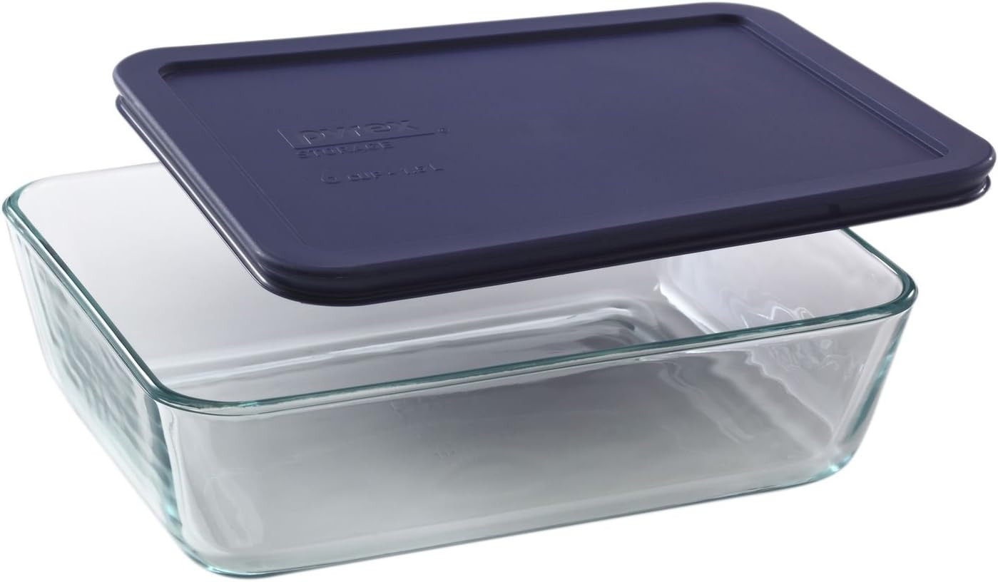 6-Cup 7211 Rectangle Glass Food Storage Containers with Blue Plastic Lids – 4 Pa