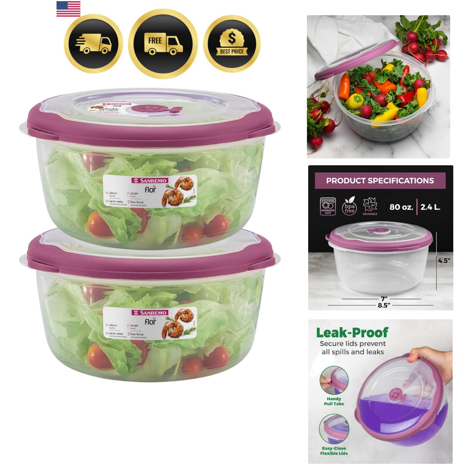 Large 10 Cup Food Storage Bowl with Lid, Salad Bowl With Airtight/Steam Vent …