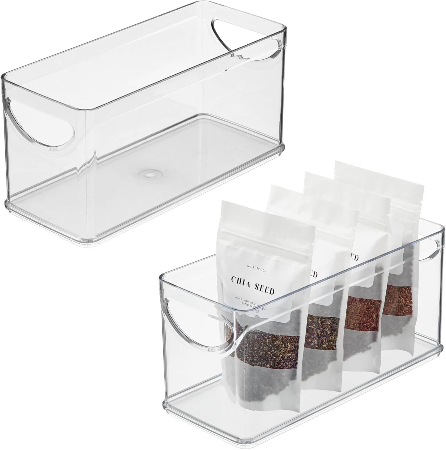 Narrow Pantry Bin with Handles for Kitchen Cabinets or Fridge, Set of 2, Clear,