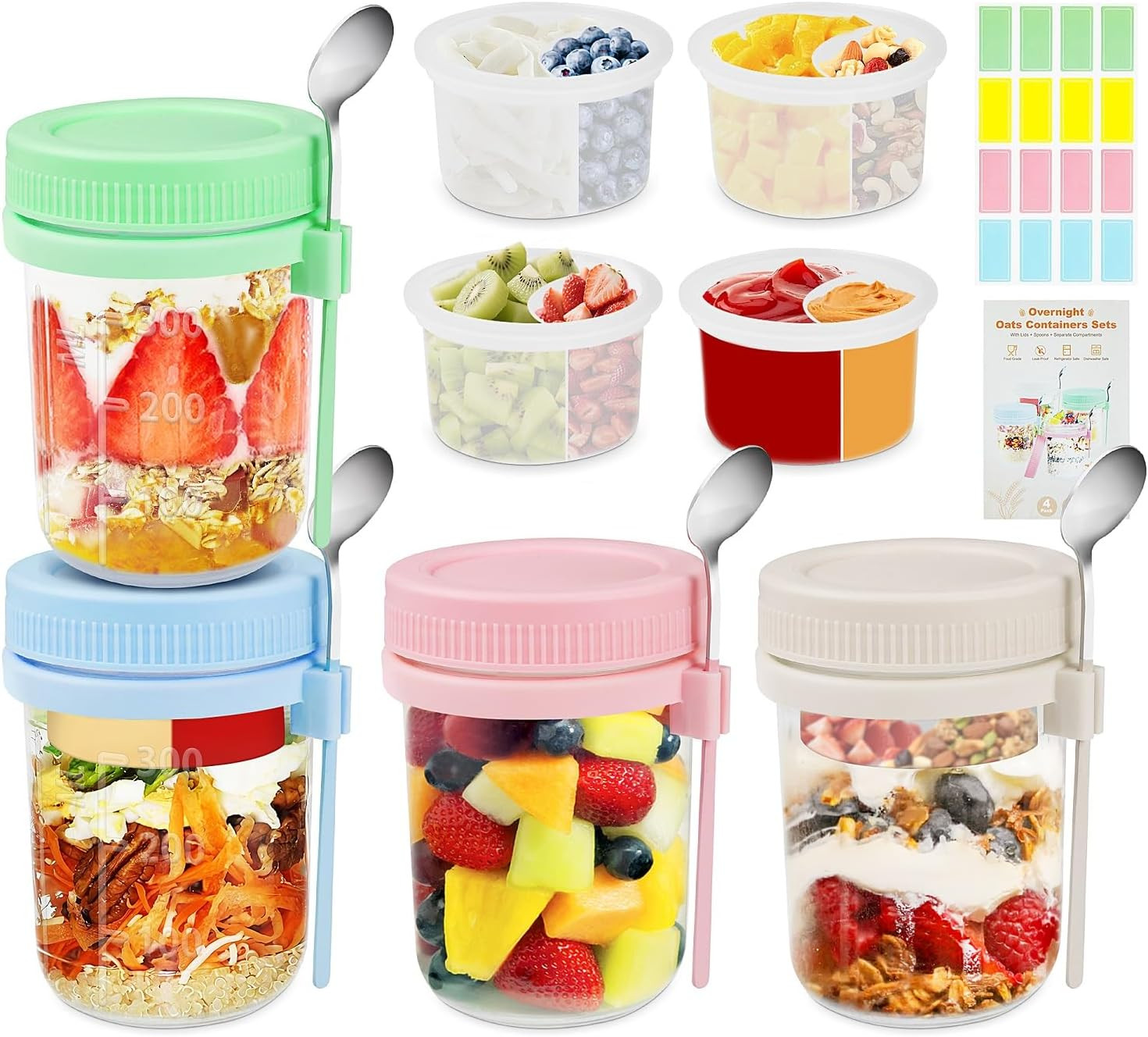 Overnight Oats Containers with Lids and Spoons – 4 Pack 16 oz Glass Mason Jars w