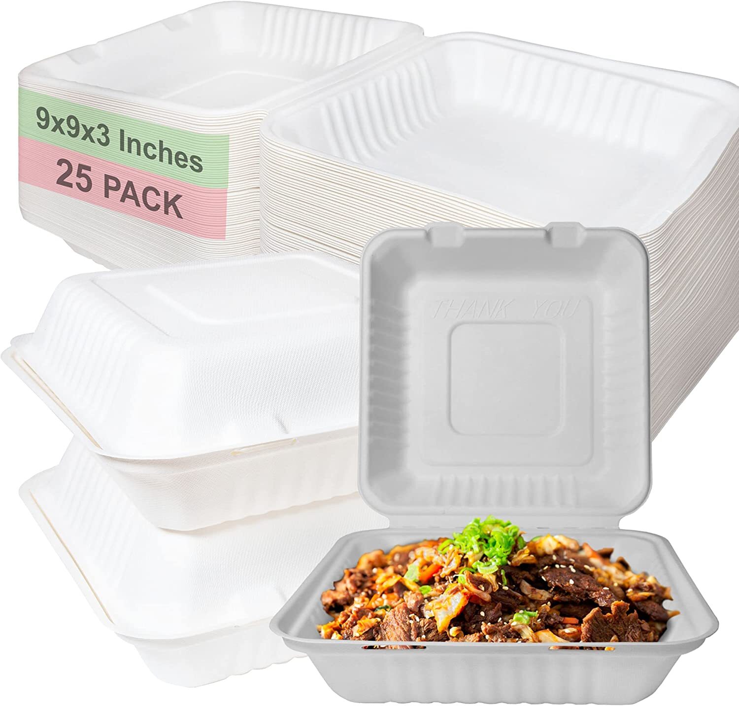 Compostable Square Clamshell 9″x9″ Food Take Out Box Disposable To Go 25pcs