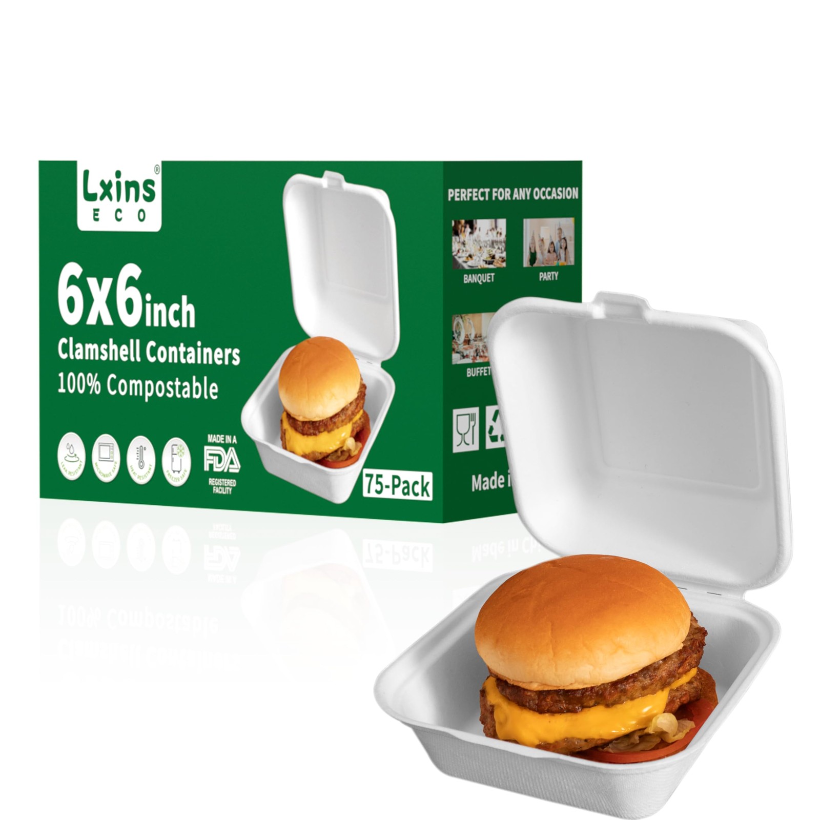 6×6 Inch Heavy Duty Clamshell Take Out Containers 【75 Pack】, Compostable Baga…