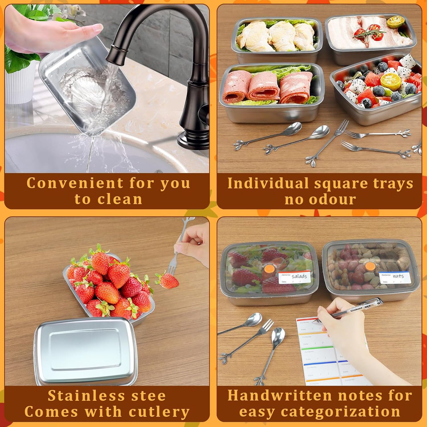 10Pcs 316 Stainless Steel Food Storage Containers Airtight Lids 50Oz/1500Ml Fres