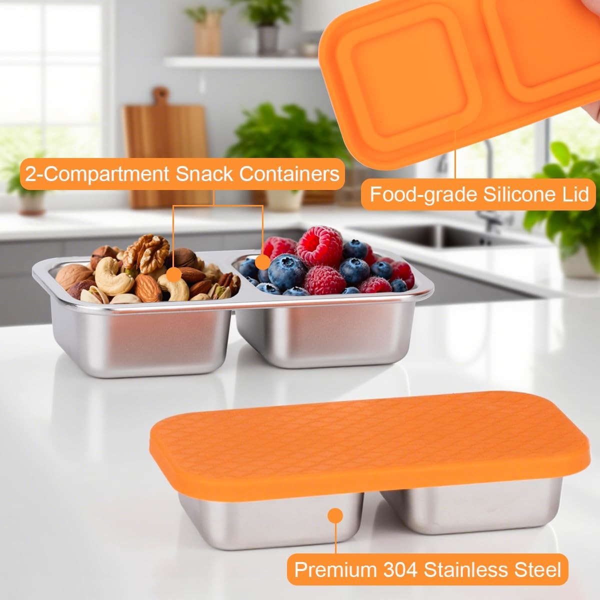 2-Compartment Stainless Steel Snack Containers, Reusable Snack Containers wit…