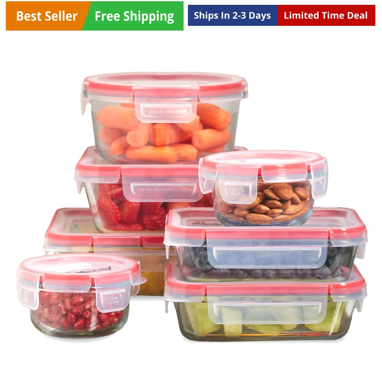 Freshlock 7-Pack Glass Food Storage Containers Set, 1, 2, 4 Cups Airtight & L…