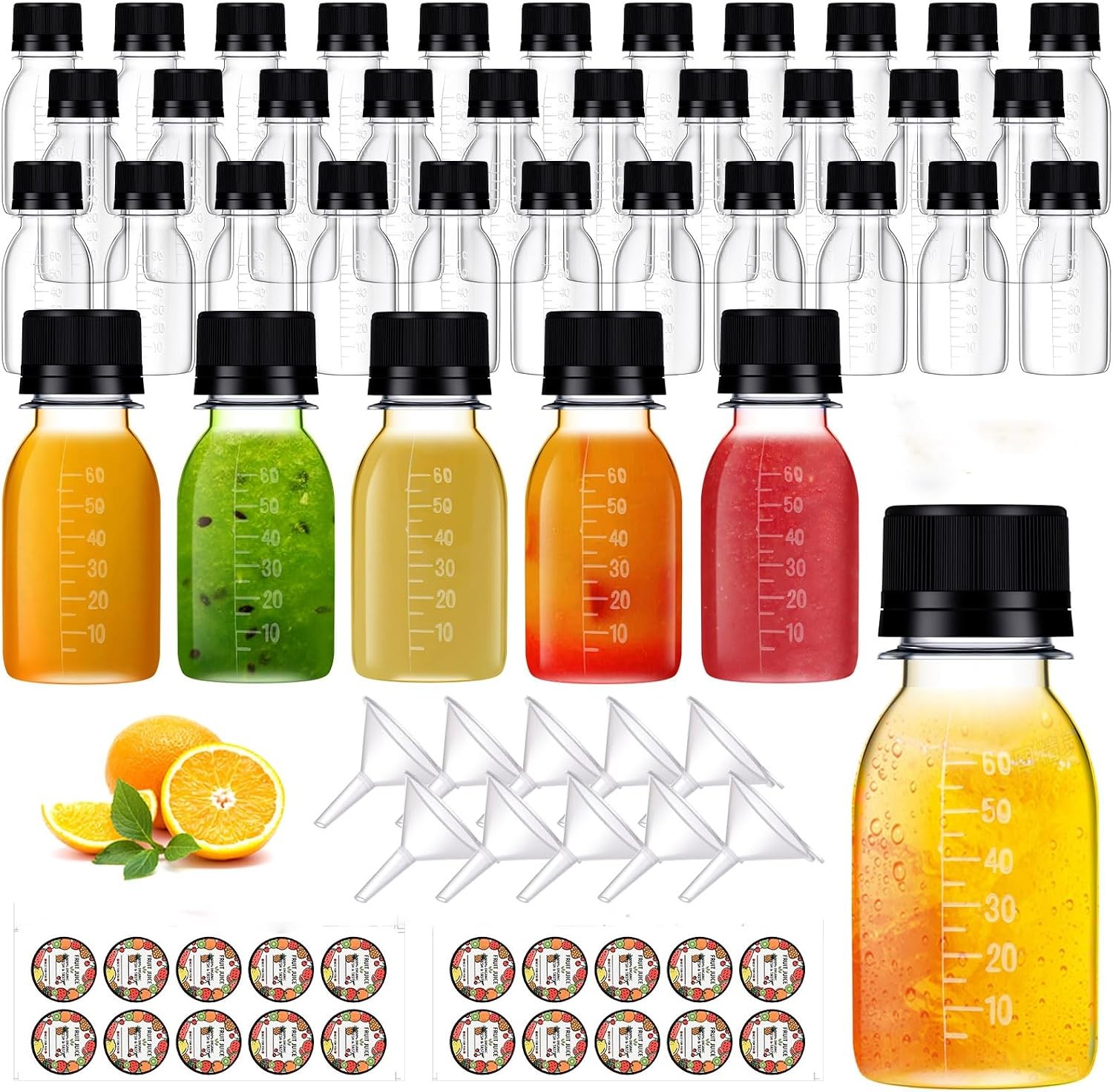 100 Pcs 2 oz Plastic Juice Shot Bottles W/ Caps Lids Ginger Shot Bottles BPA