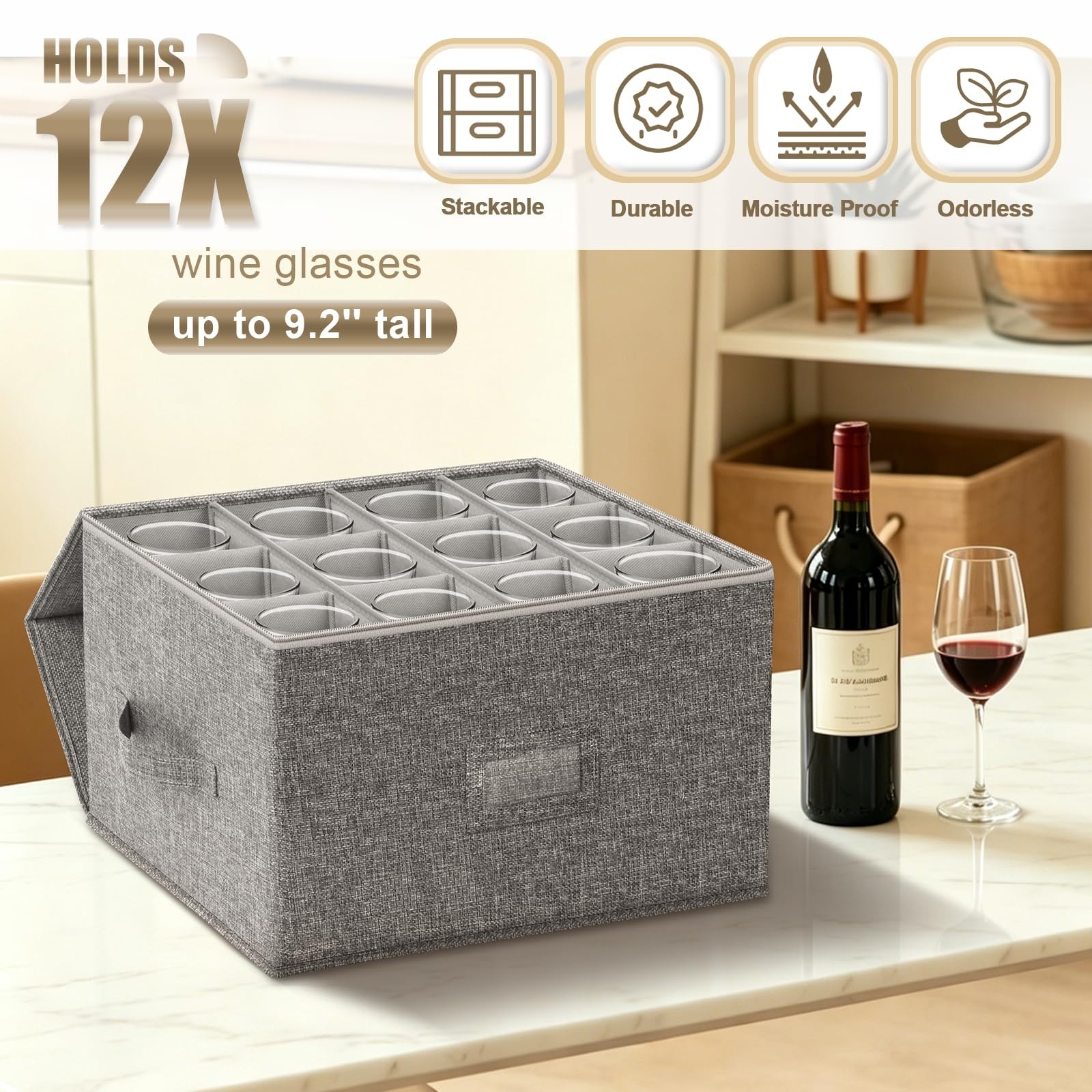 Wine Glass Storage Box with Dividers, 2-Pack Stemware Storage Containers w/Hard