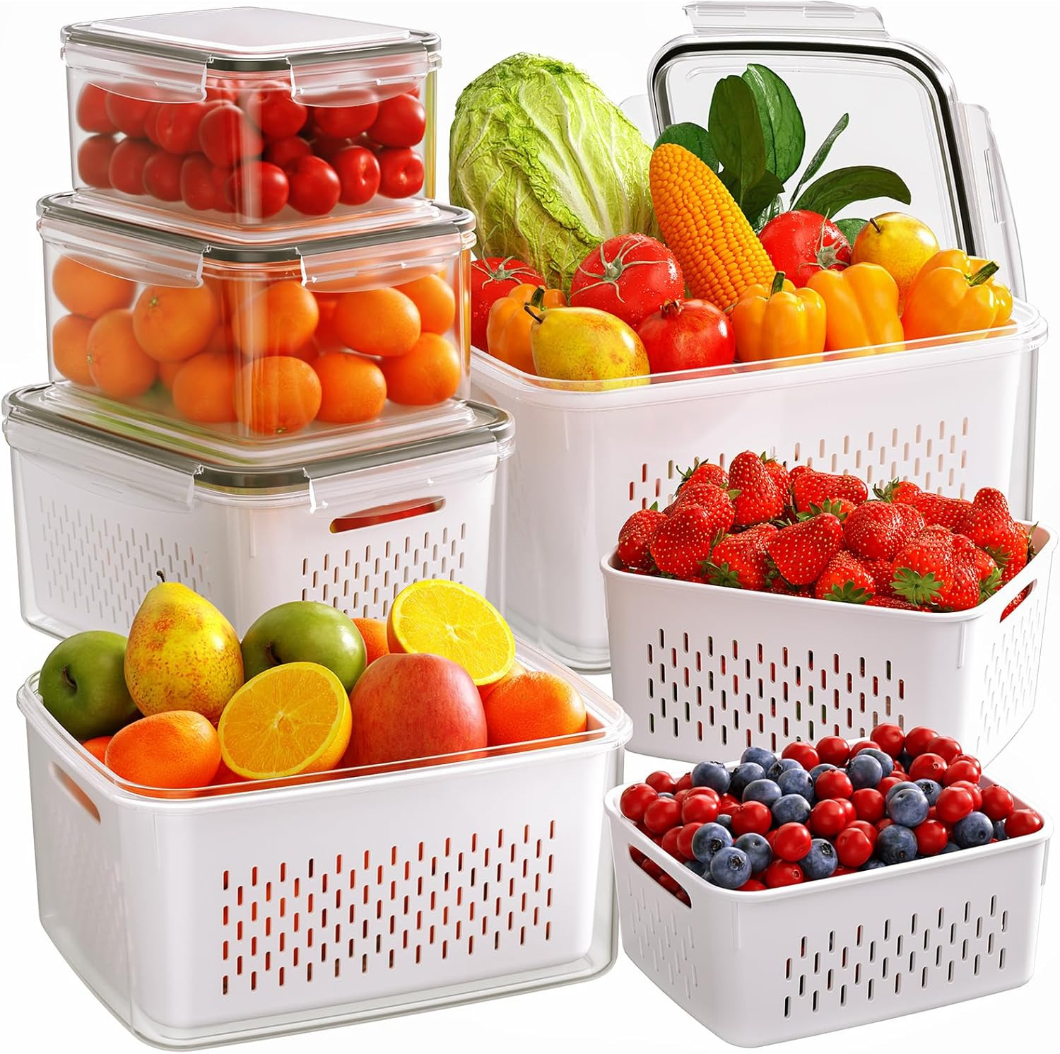 6 PCS Fruit Storage Containers for Fridge with Removable Colanders, 6 Plastic Fo