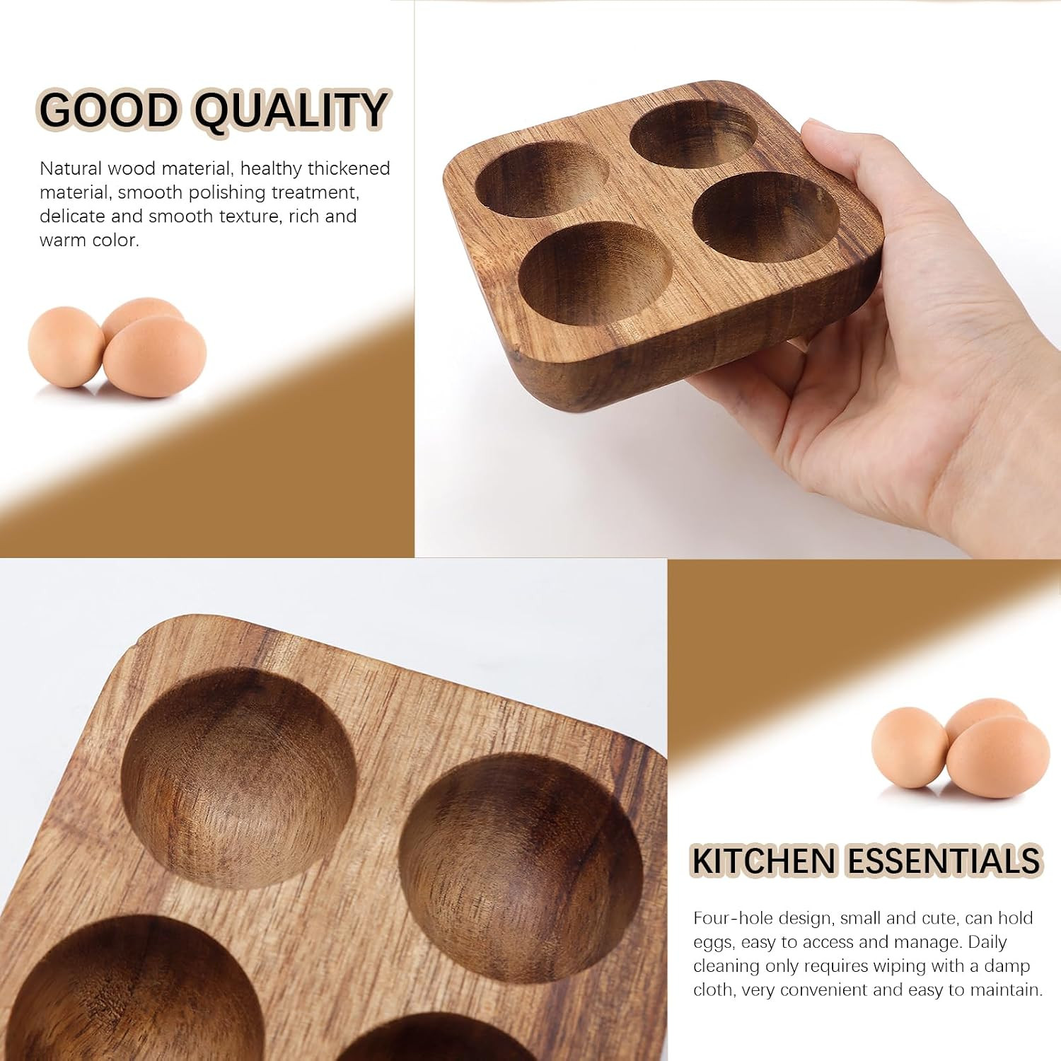 4 Slots Wooden Egg Tray, Egg Holder for Kitchen Refrigerator Countertop Display