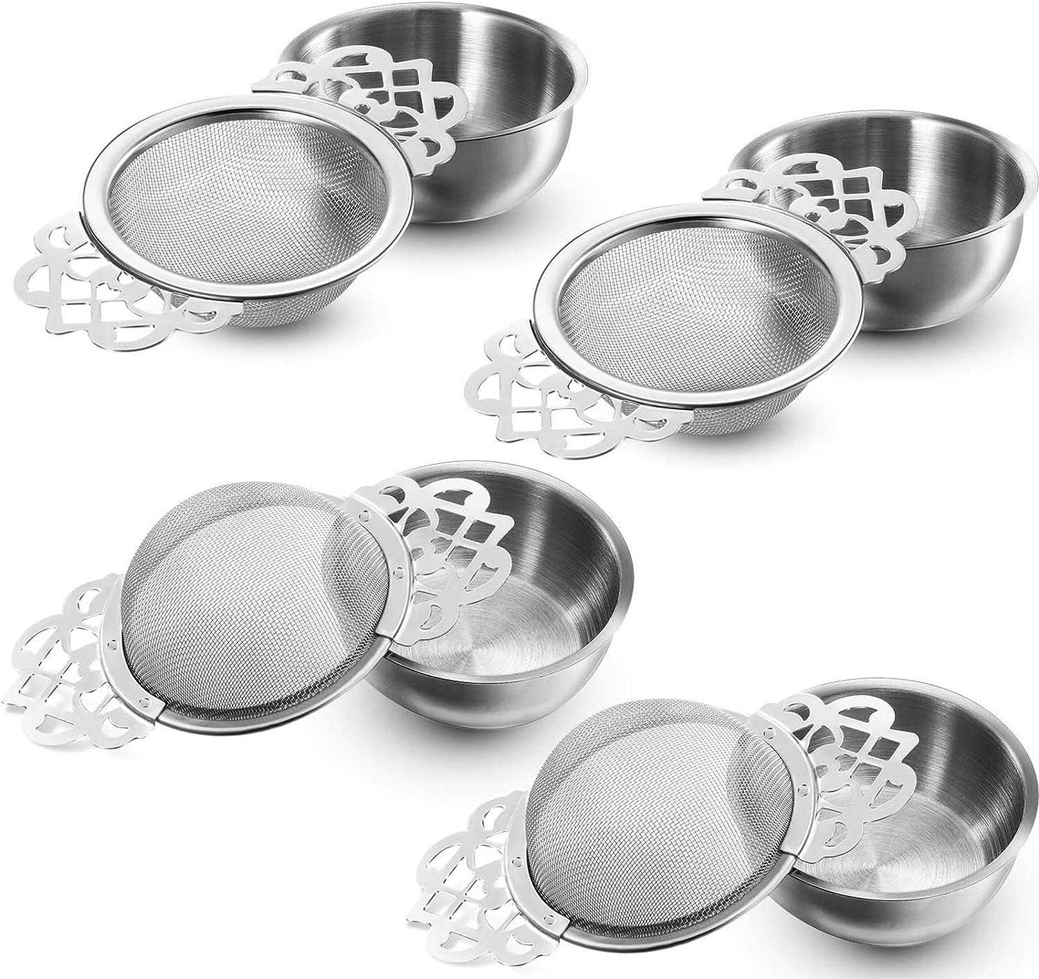Empress Tea Strainers with Drip Bowls, Mesh Infuser Stainless Silver
