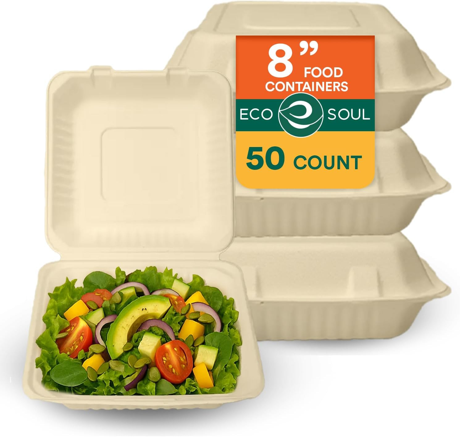 ECO SOUL 100% Compostable Clamshell Take Out Food Containers [8X8 50-Pack] Heavy