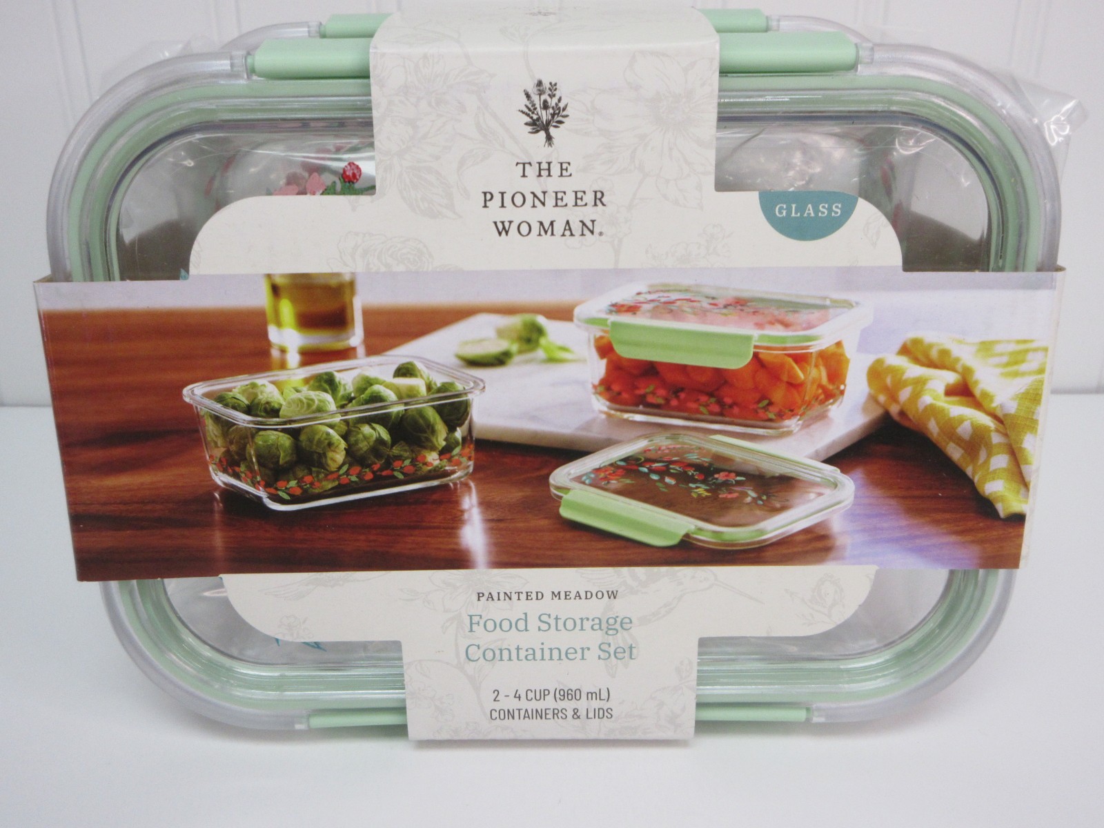 Pioneer Woman Painted Meadow Glass Food Storage 4cup Container 2pc Set Green