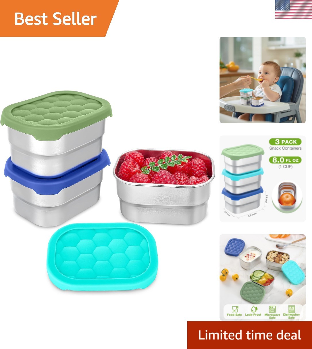 3 Pack Stainless Steel Snack Containers for Kids, 8 oz Easy Open Leak Proof S…