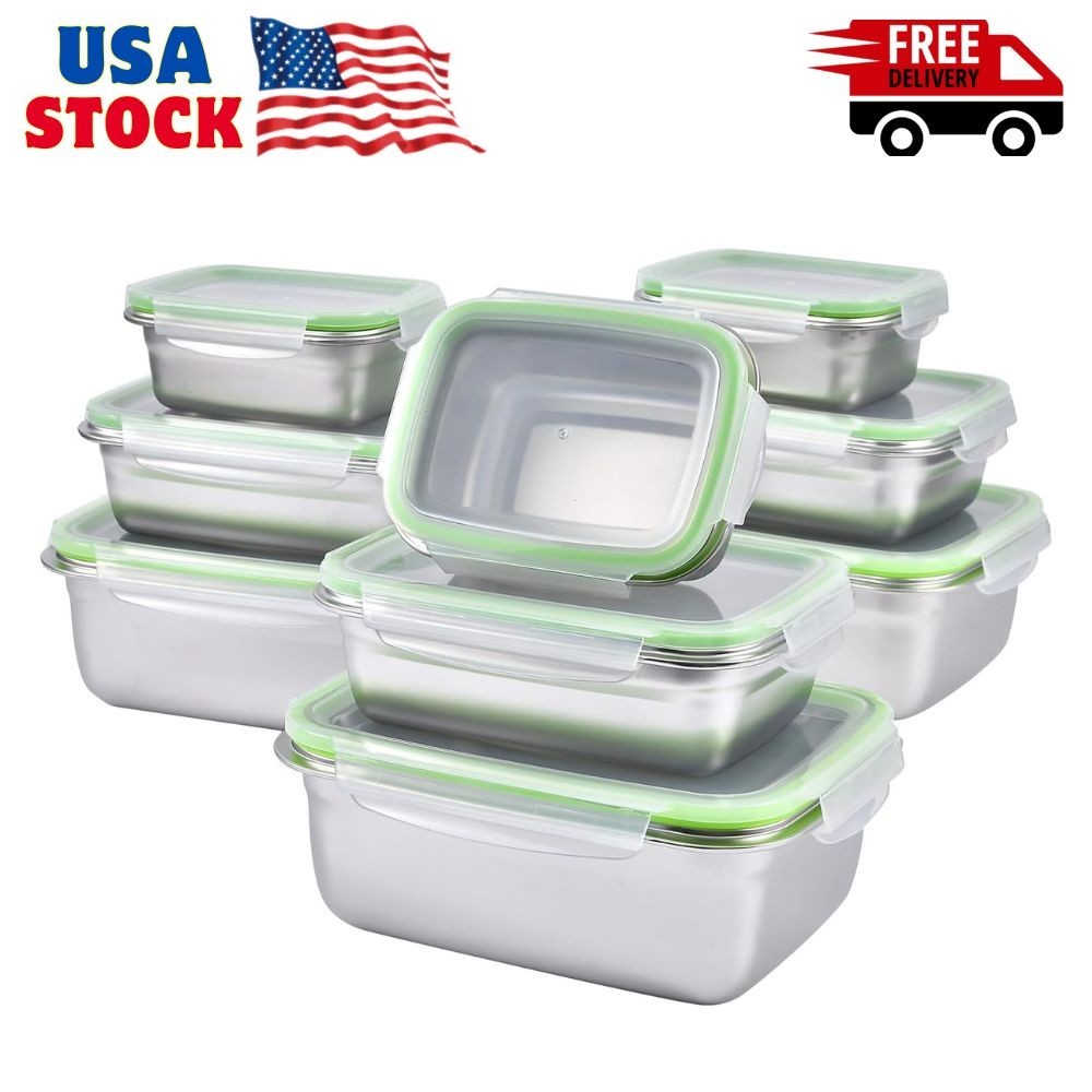 Stainless Steel Food Storage Containers, Leak Proof & Airtight Lids, Set of 9