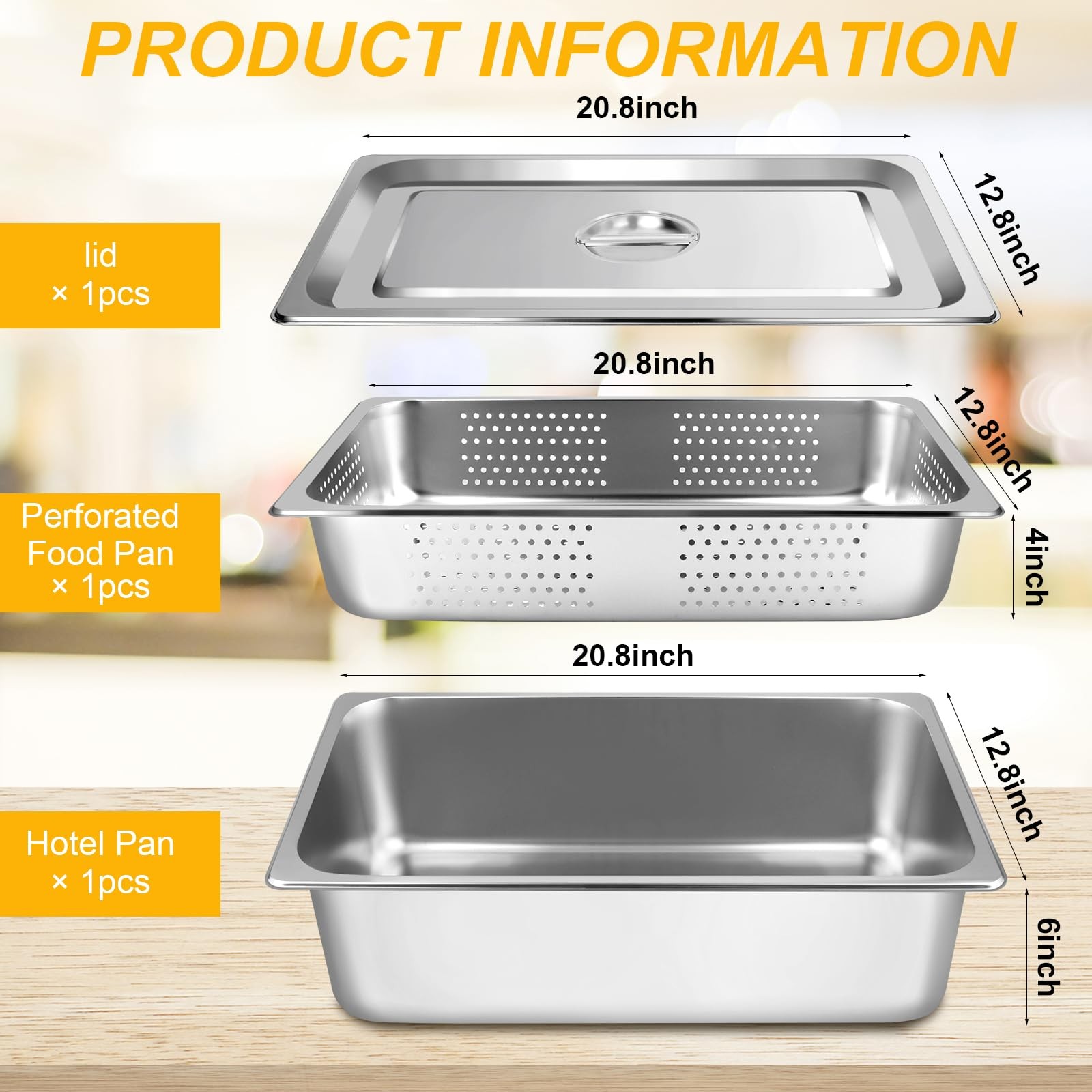 3 PCS Full Size 4 Inch 6 Inch Hotel Pan Lid Perforated Steam Table Stainless