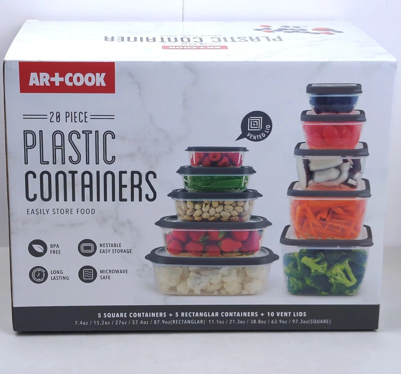 AR+COOK 20-piece FOOD STORAGE CONTAINER Set, BPA Free Plastic, Nestable, NEW